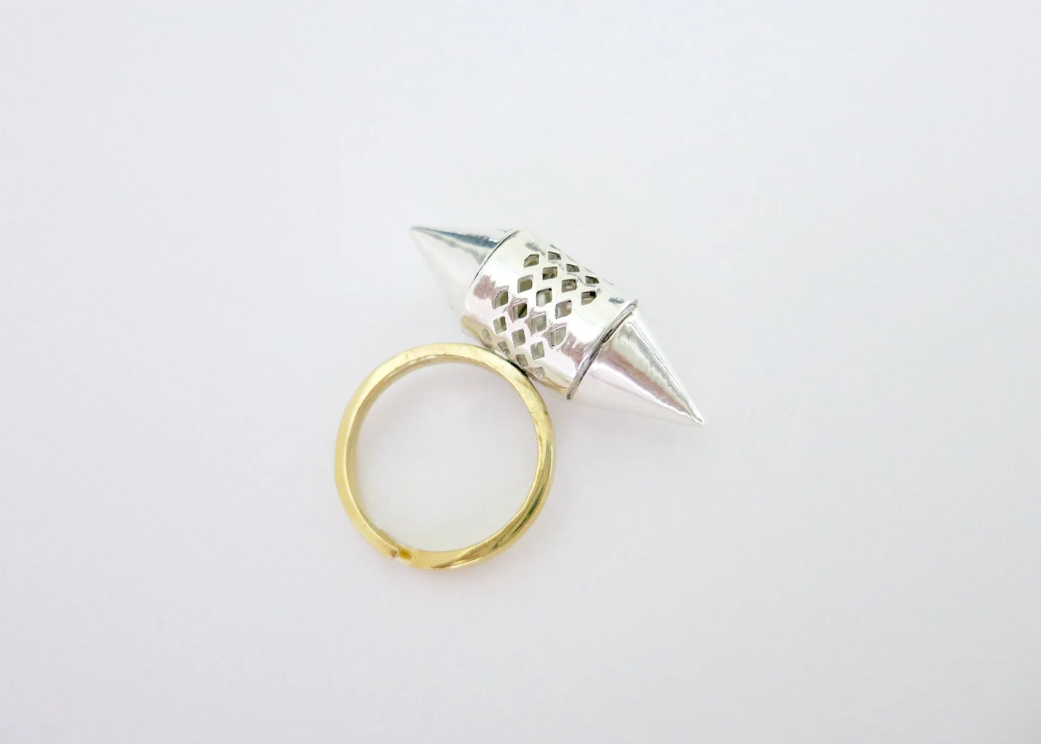 Exquisite, sterling silver, tubular amuletic ring with a gold-plated brass shank