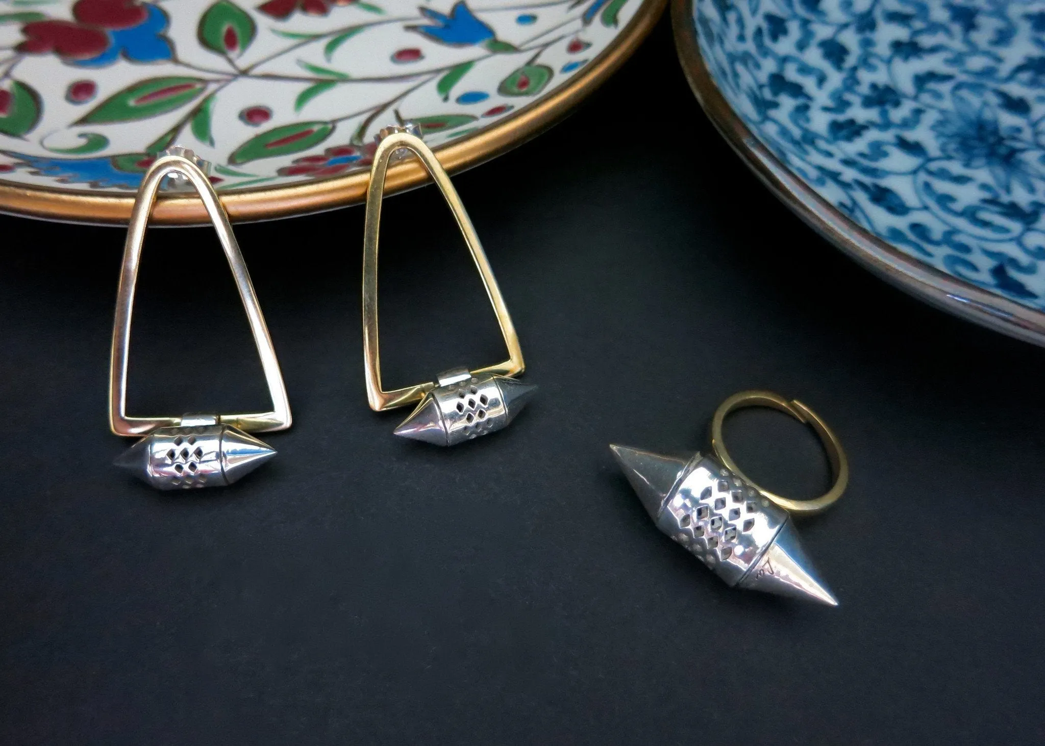 Exquisite, sterling silver, tubular amuletic ring with a gold-plated brass shank