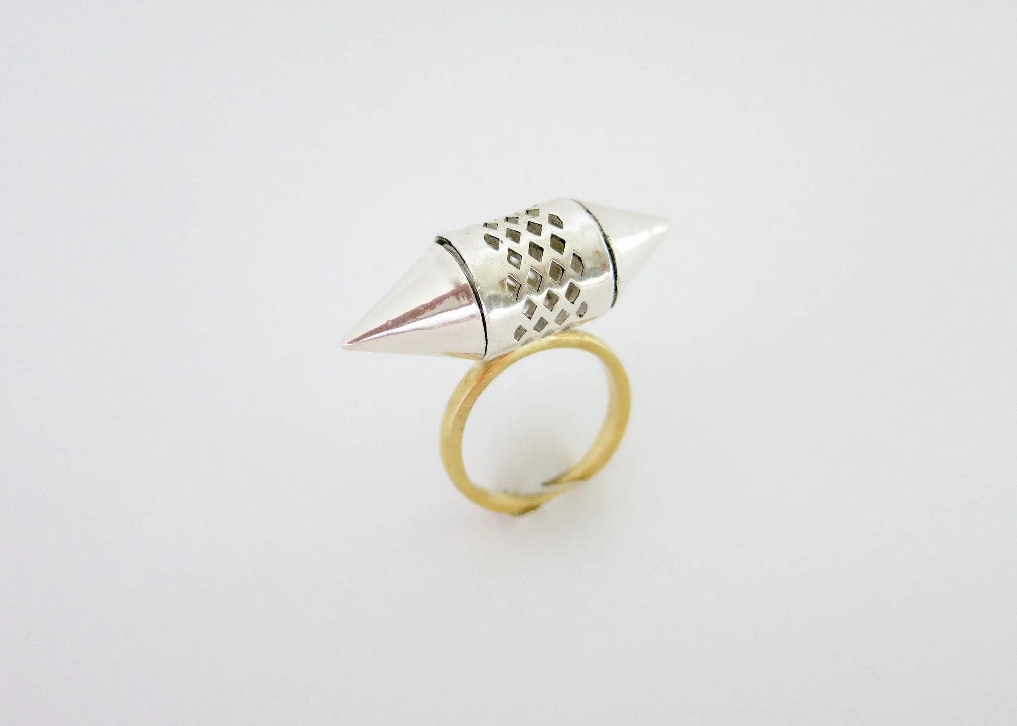 Exquisite, sterling silver, tubular amuletic ring with a gold-plated brass shank