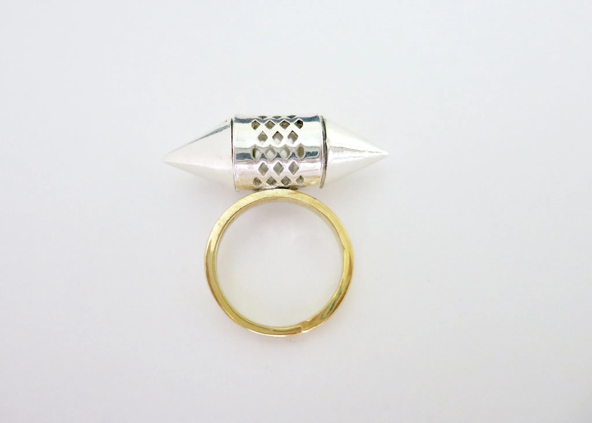 Exquisite, sterling silver, tubular amuletic ring with a gold-plated brass shank