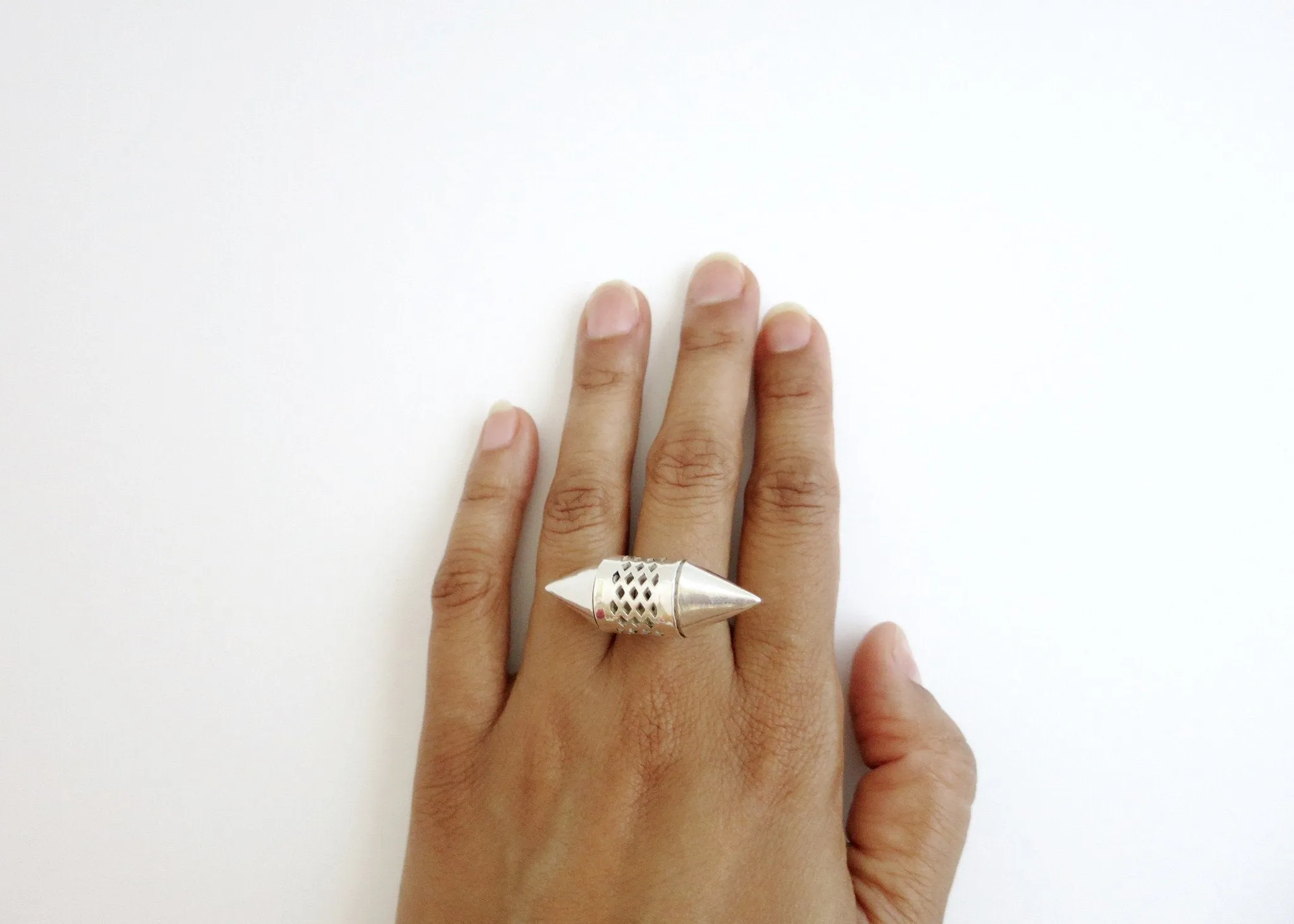 Exquisite, sterling silver, tubular amuletic ring with a gold-plated brass shank