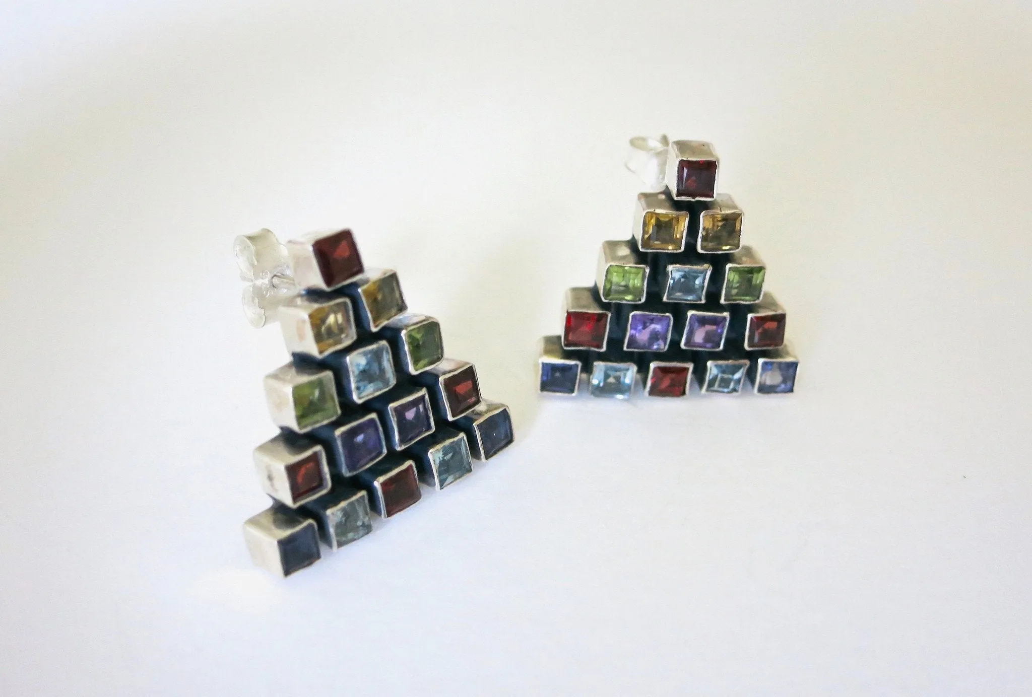 Exquisite, triangular multi-color gemstones earrings