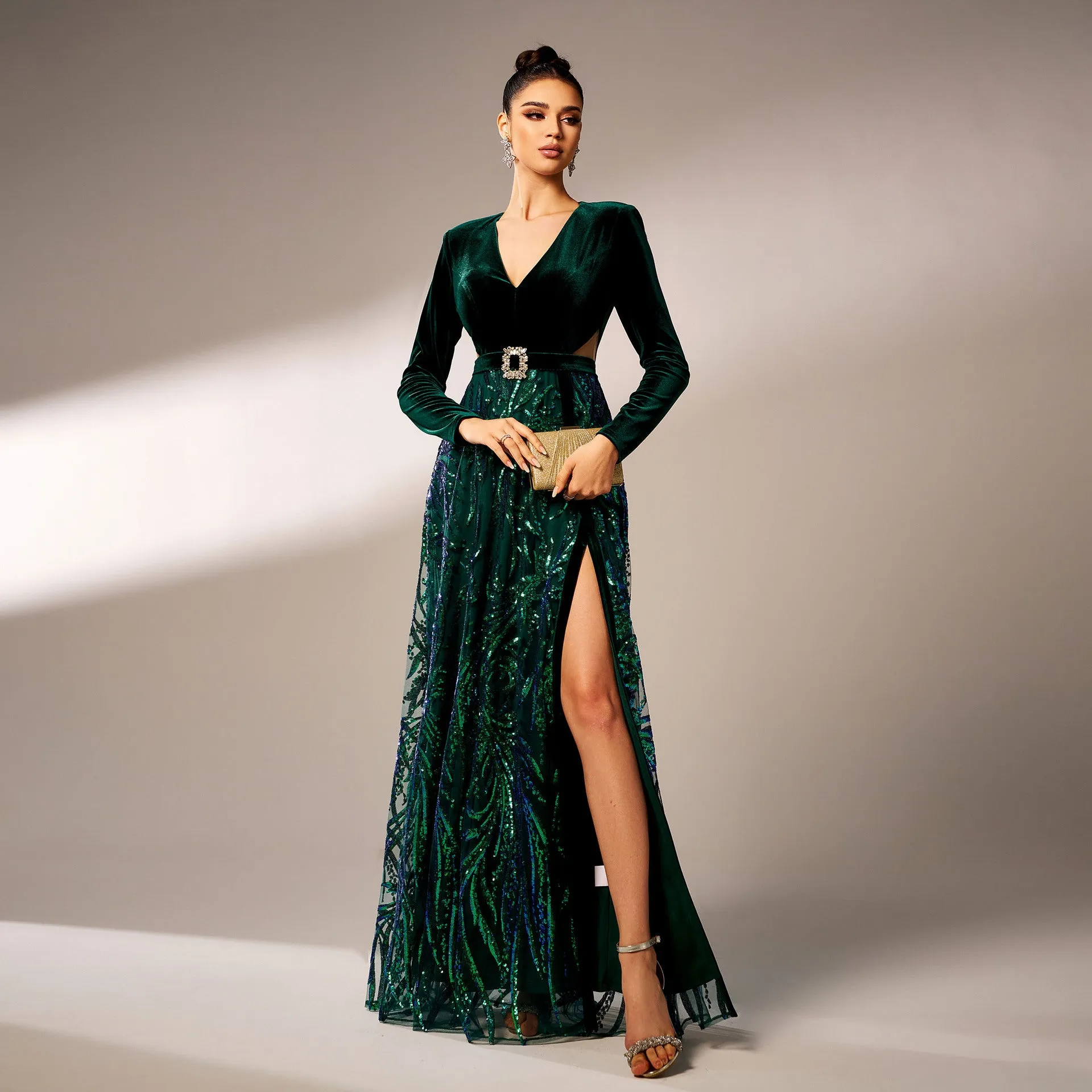 Exquisite Velvet and Sequin V-Neck Gown with High Slit