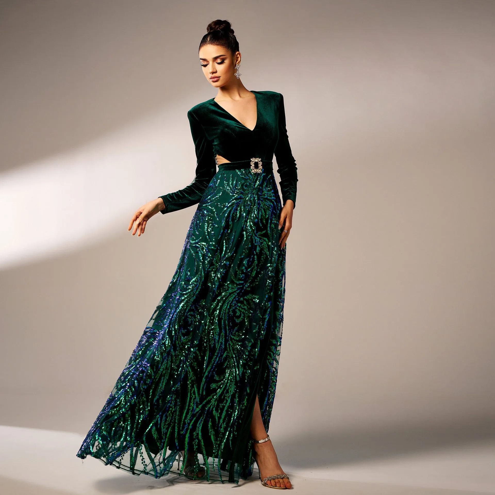 Exquisite Velvet and Sequin V-Neck Gown with High Slit