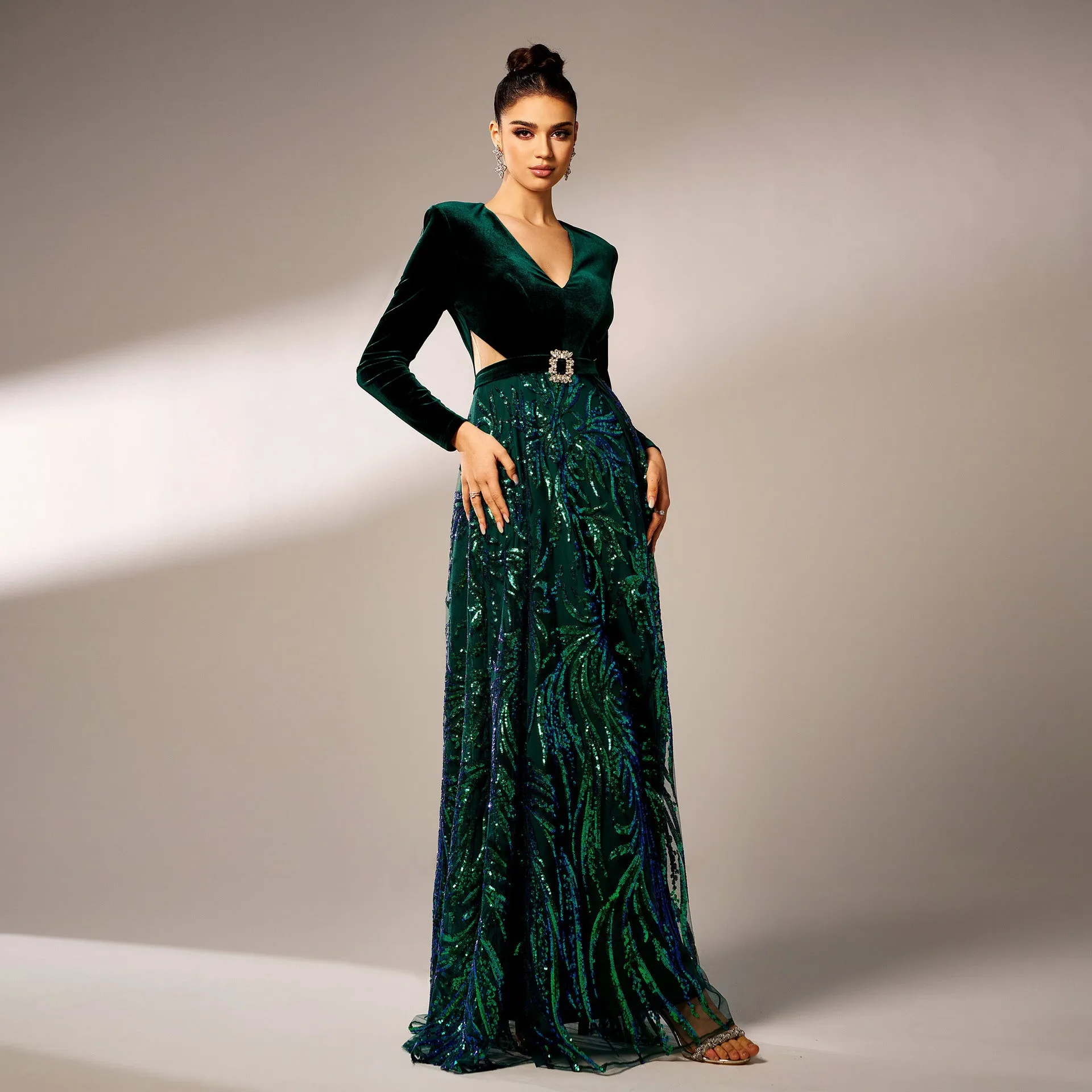 Exquisite Velvet and Sequin V-Neck Gown with High Slit
