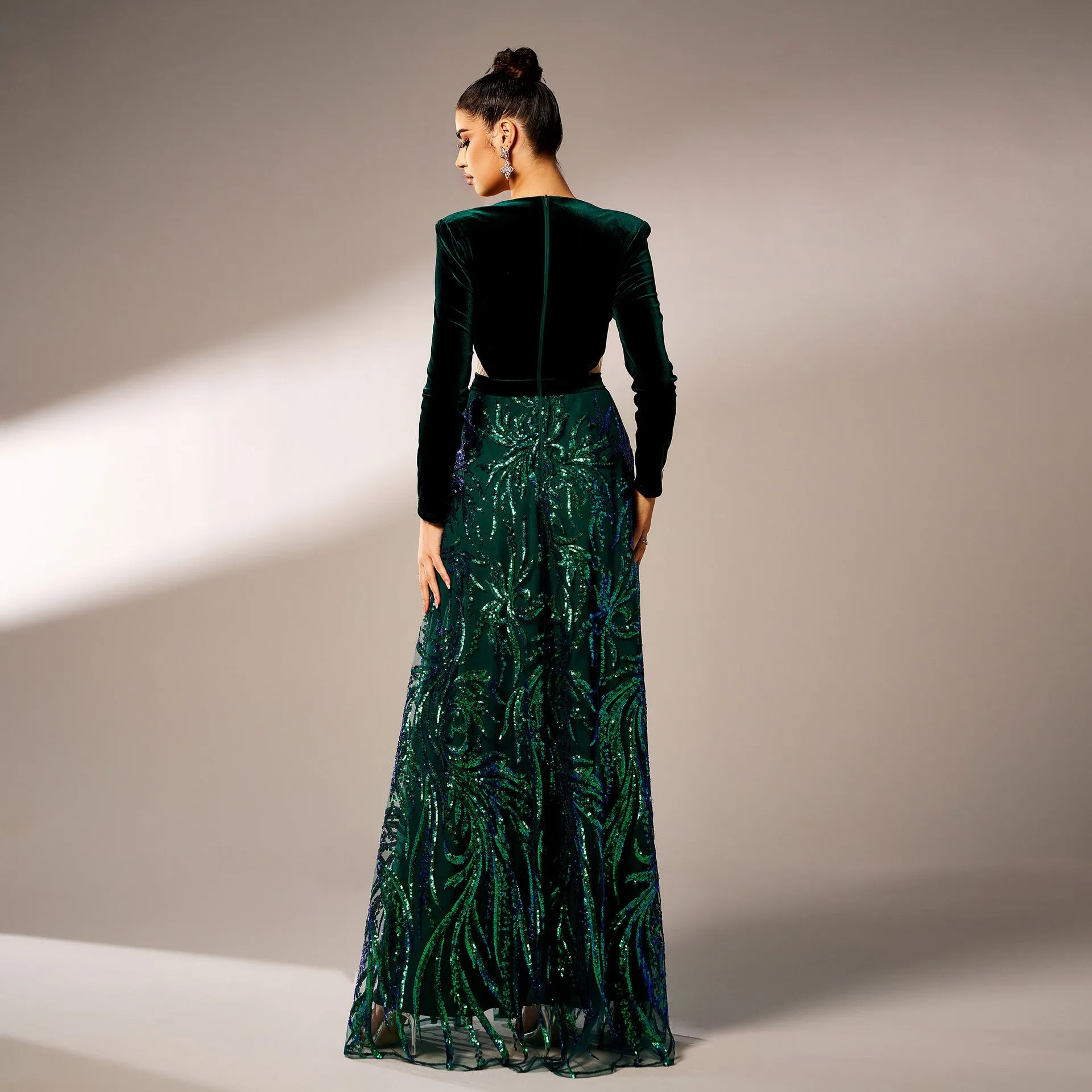 Exquisite Velvet and Sequin V-Neck Gown with High Slit