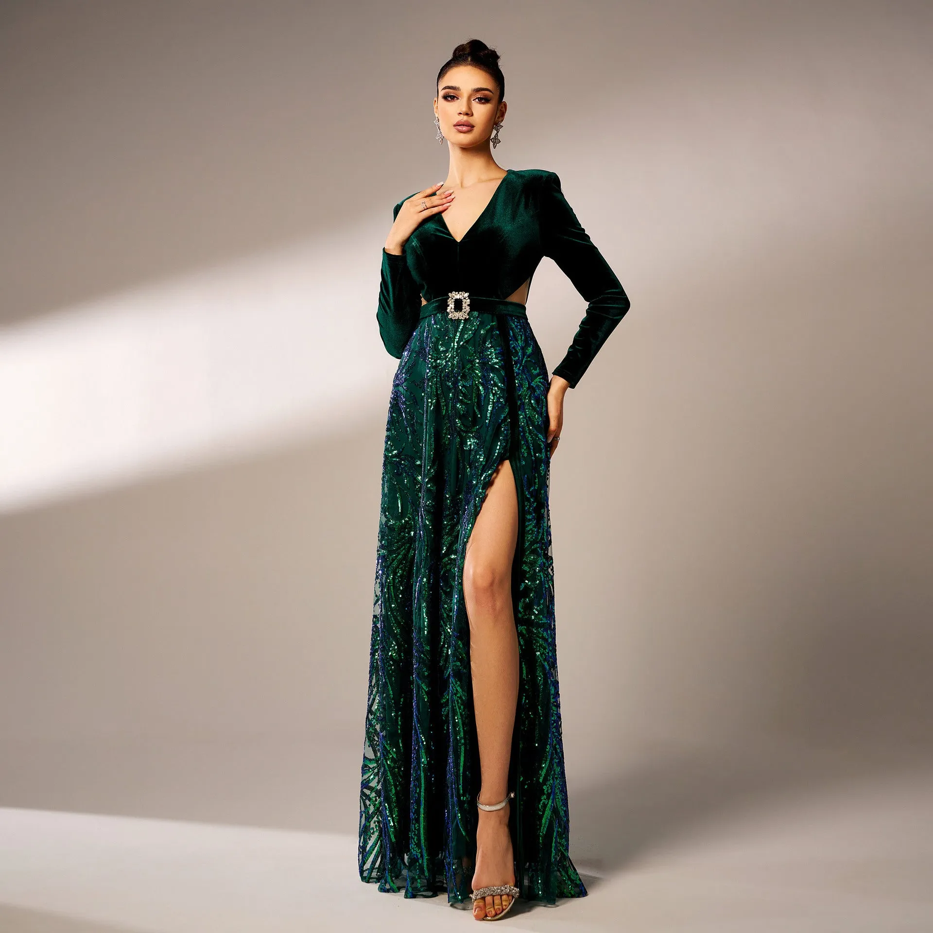 Exquisite Velvet and Sequin V-Neck Gown with High Slit