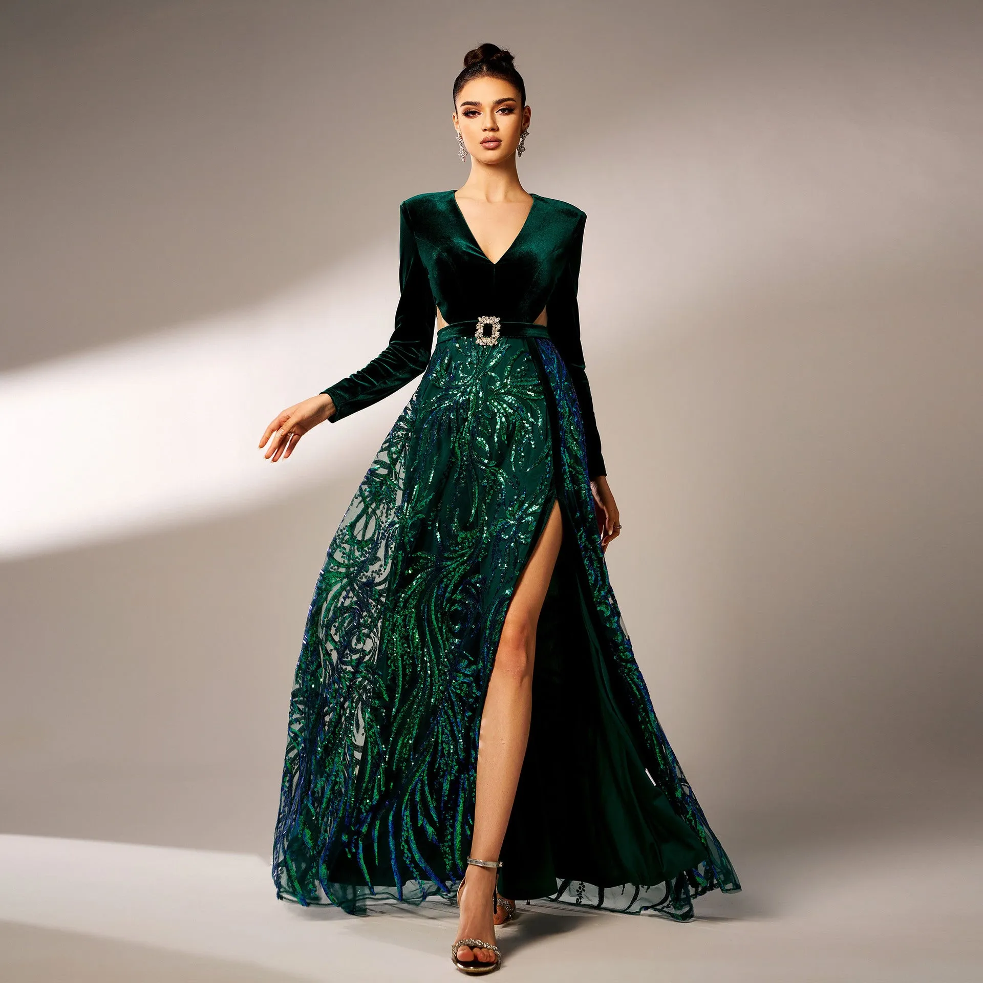 Exquisite Velvet and Sequin V-Neck Gown with High Slit