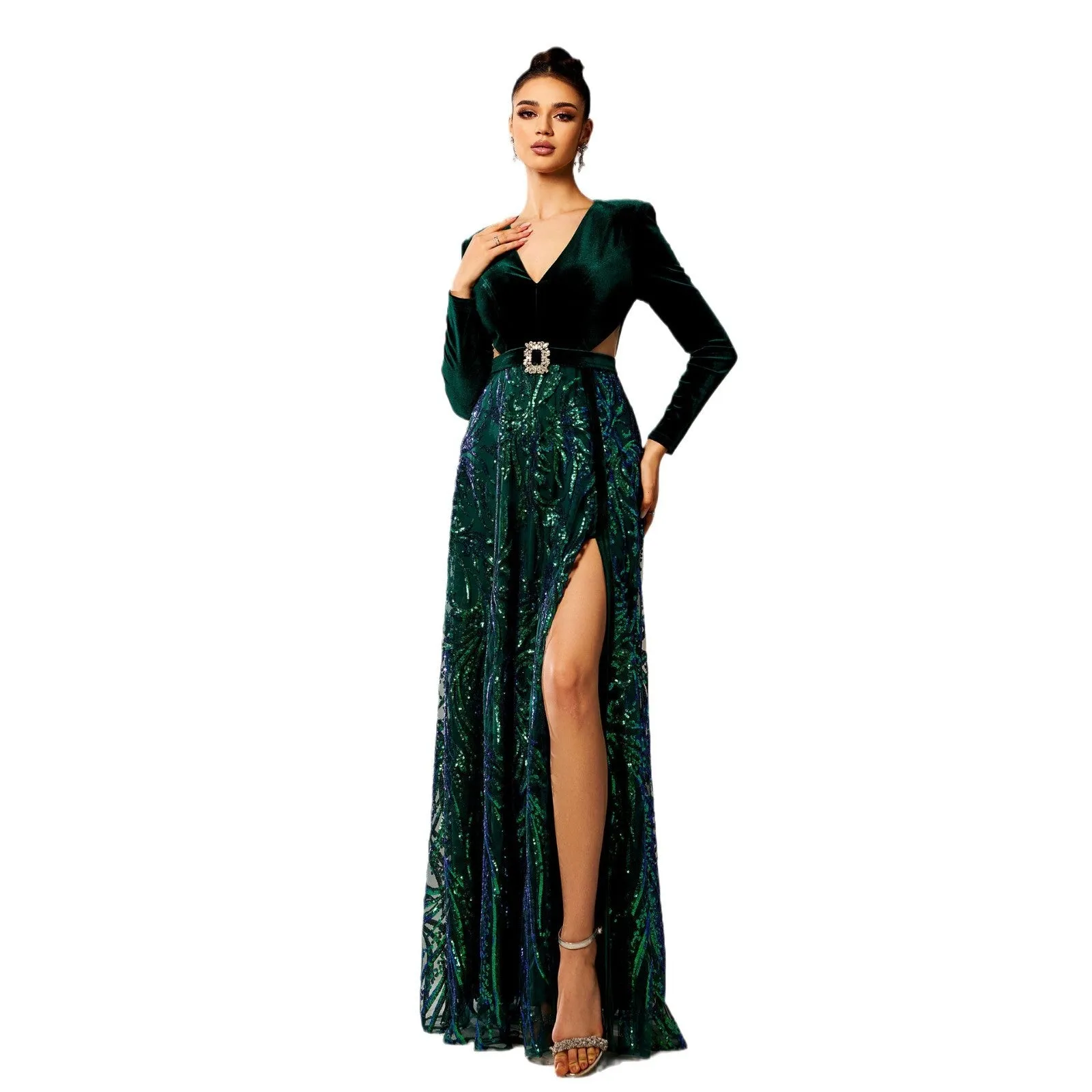 Exquisite Velvet and Sequin V-Neck Gown with High Slit