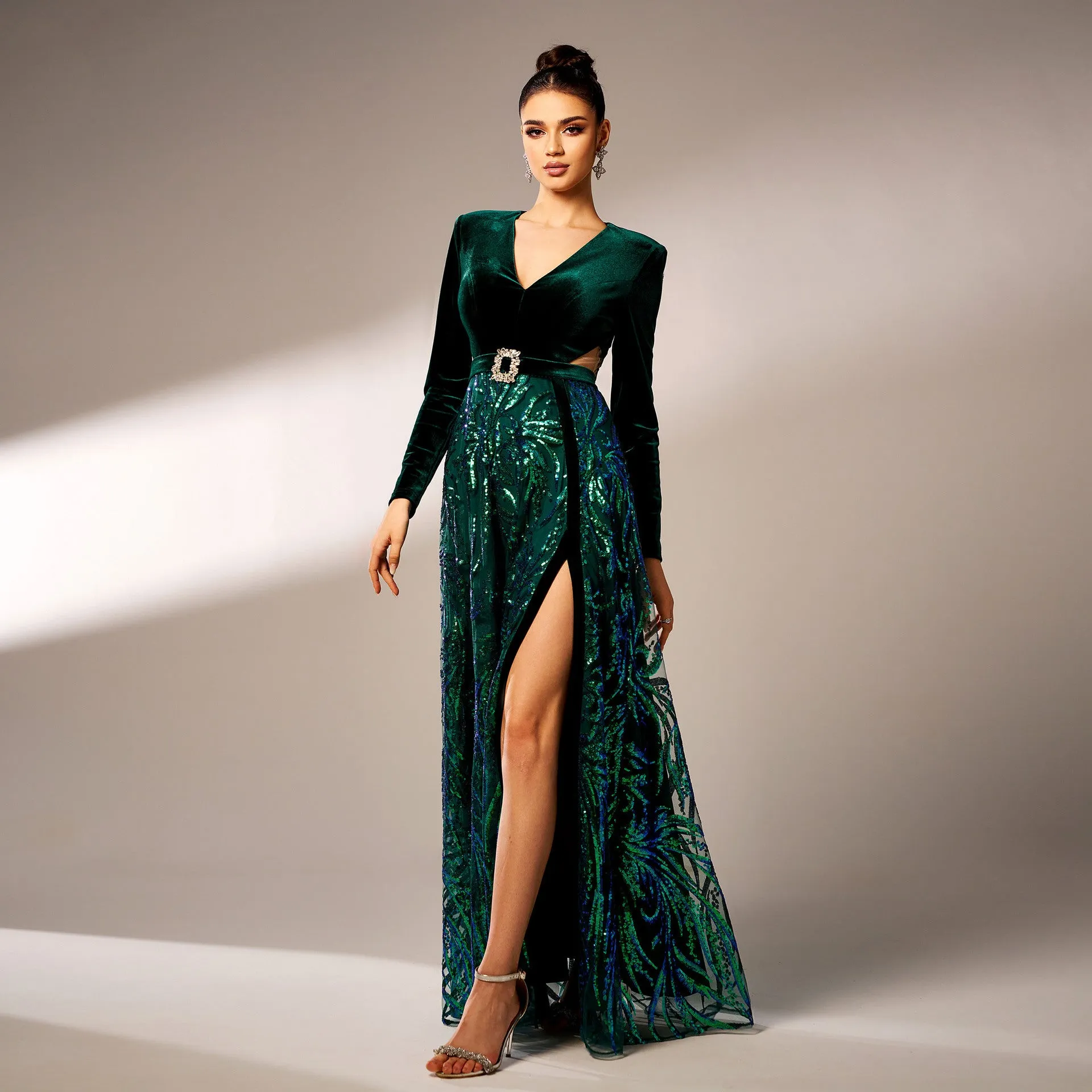 Exquisite Velvet and Sequin V-Neck Gown with High Slit