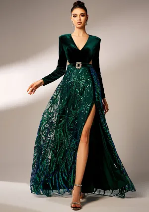 Exquisite Velvet and Sequin V-Neck Gown with High Slit