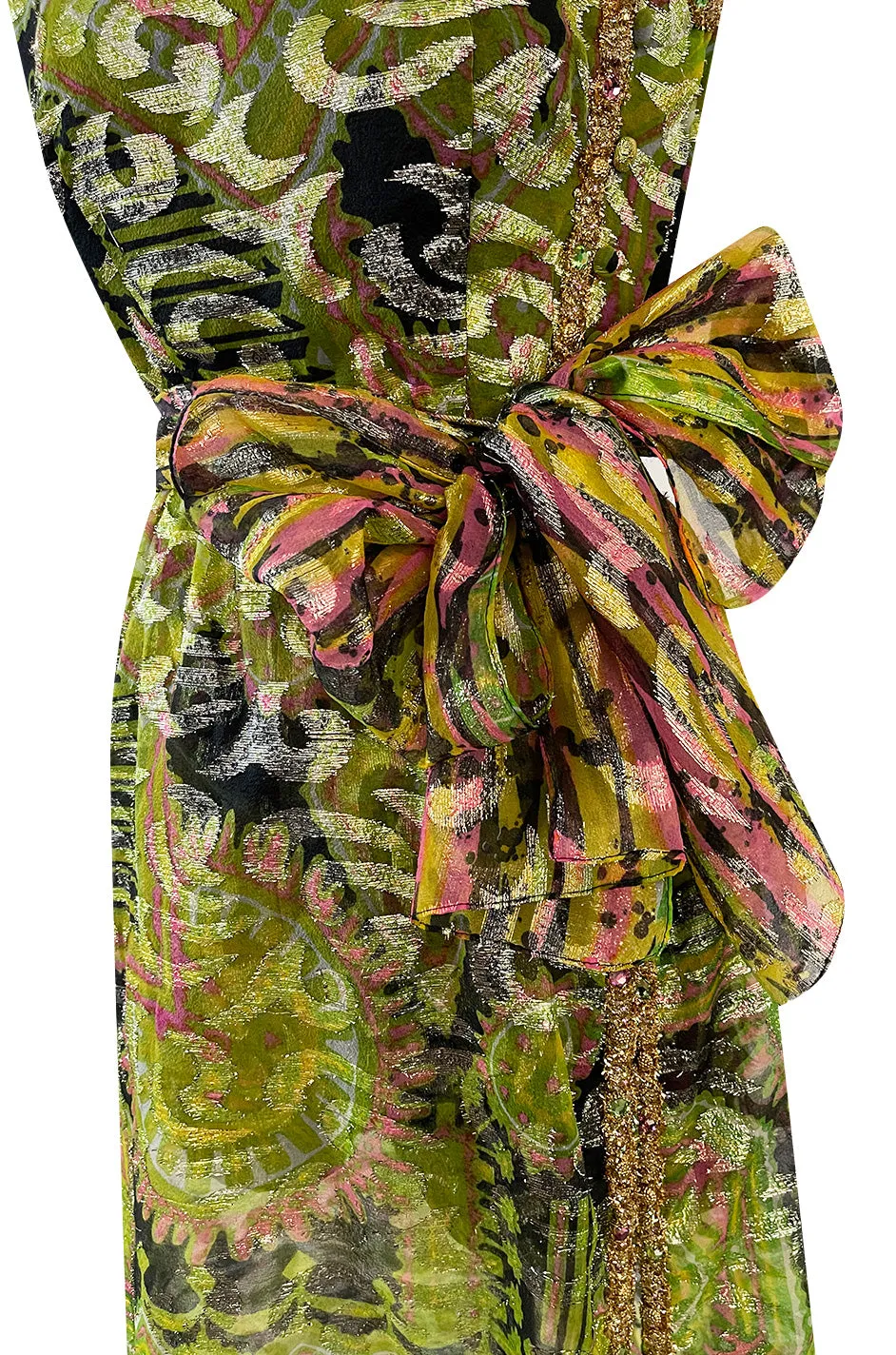 Fabulous 1960s Unlabeled Metallic Green Organza Dress Set w Matching  Hot Pants & Gold Trim