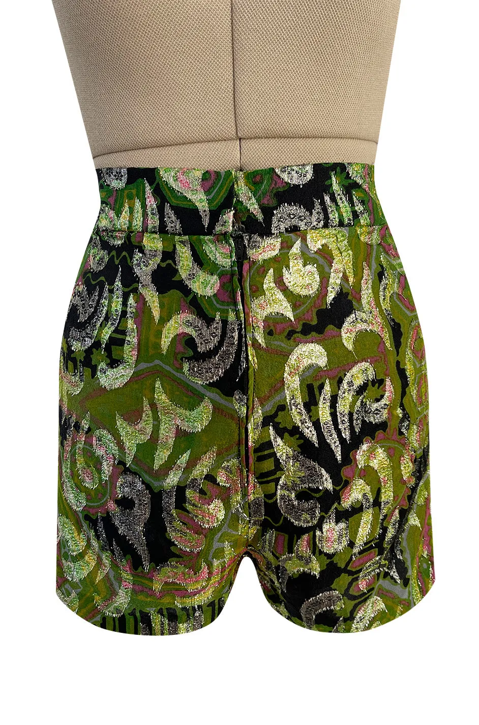Fabulous 1960s Unlabeled Metallic Green Organza Dress Set w Matching  Hot Pants & Gold Trim