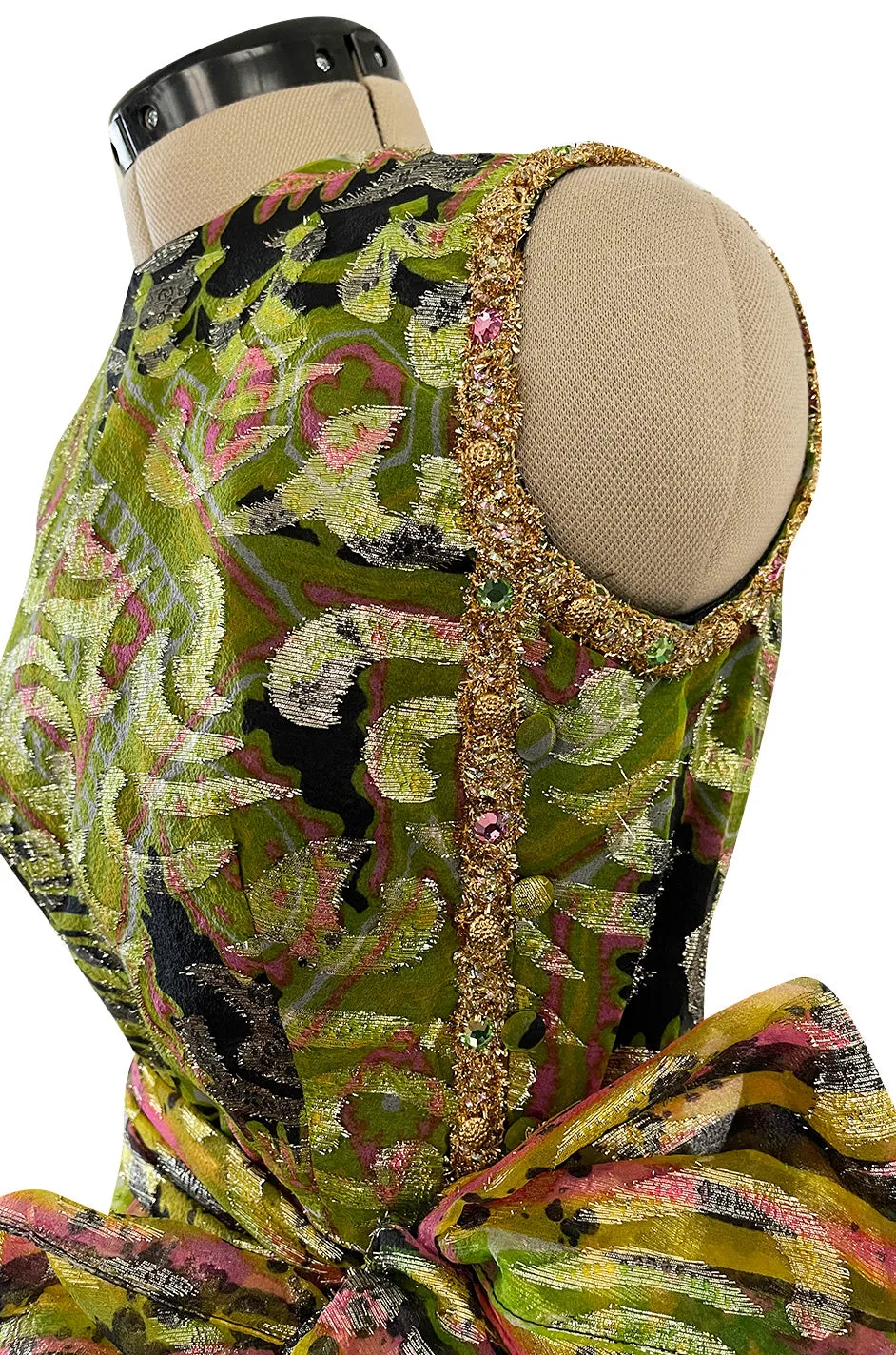 Fabulous 1960s Unlabeled Metallic Green Organza Dress Set w Matching  Hot Pants & Gold Trim