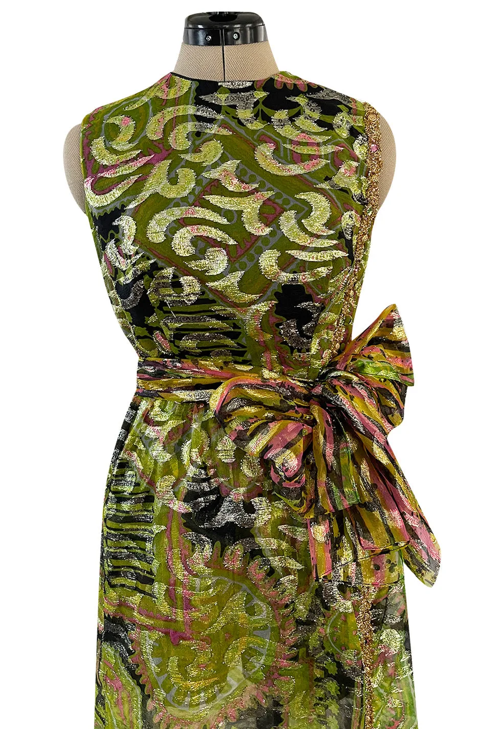 Fabulous 1960s Unlabeled Metallic Green Organza Dress Set w Matching  Hot Pants & Gold Trim