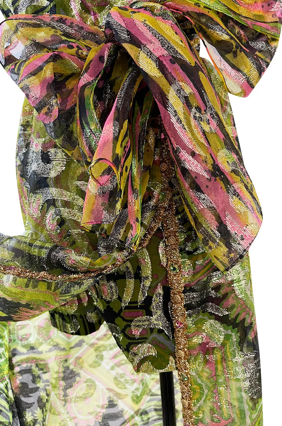Fabulous 1960s Unlabeled Metallic Green Organza Dress Set w Matching  Hot Pants & Gold Trim