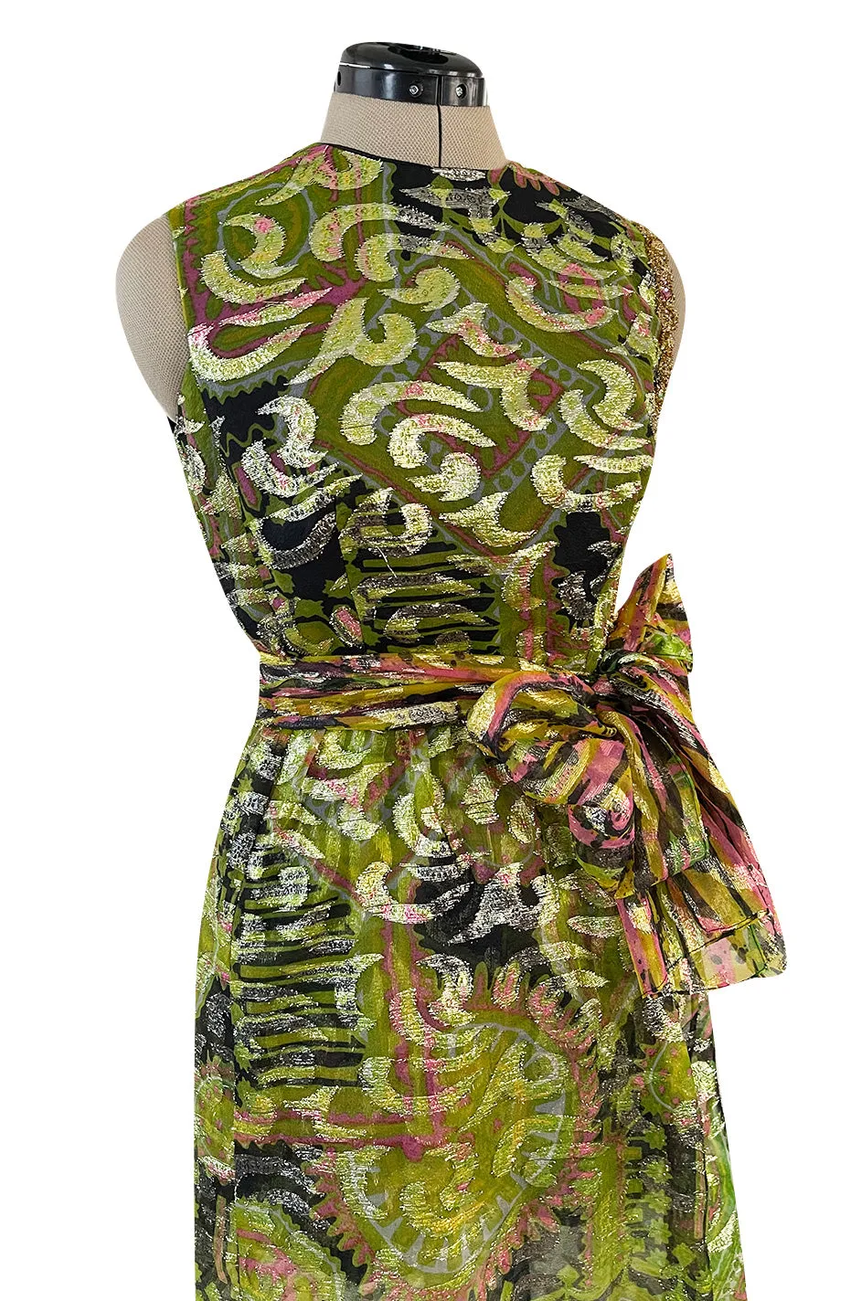Fabulous 1960s Unlabeled Metallic Green Organza Dress Set w Matching  Hot Pants & Gold Trim