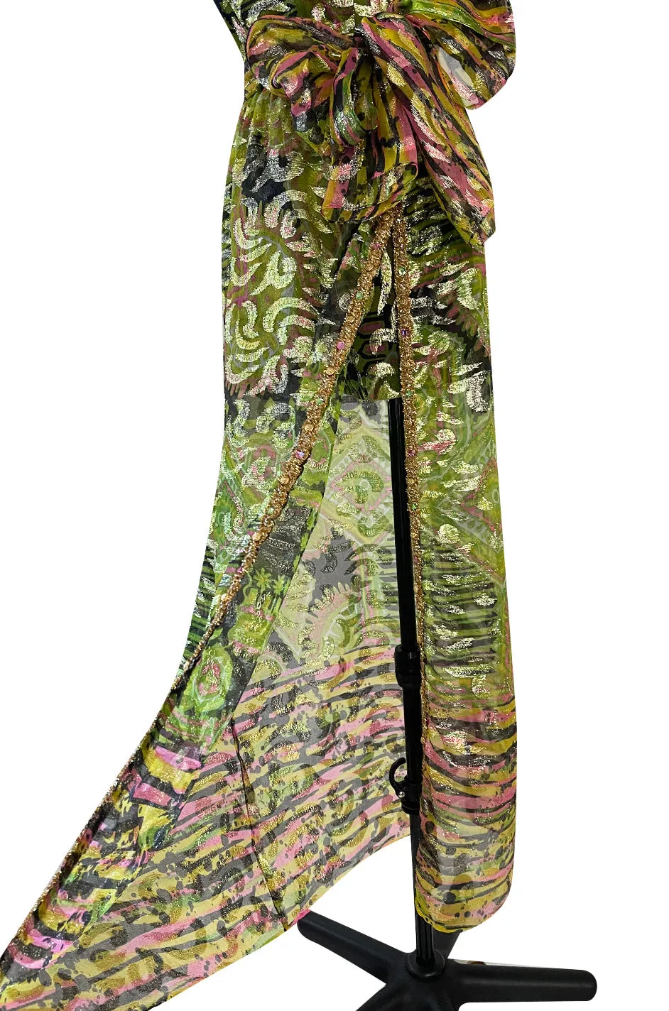 Fabulous 1960s Unlabeled Metallic Green Organza Dress Set w Matching  Hot Pants & Gold Trim