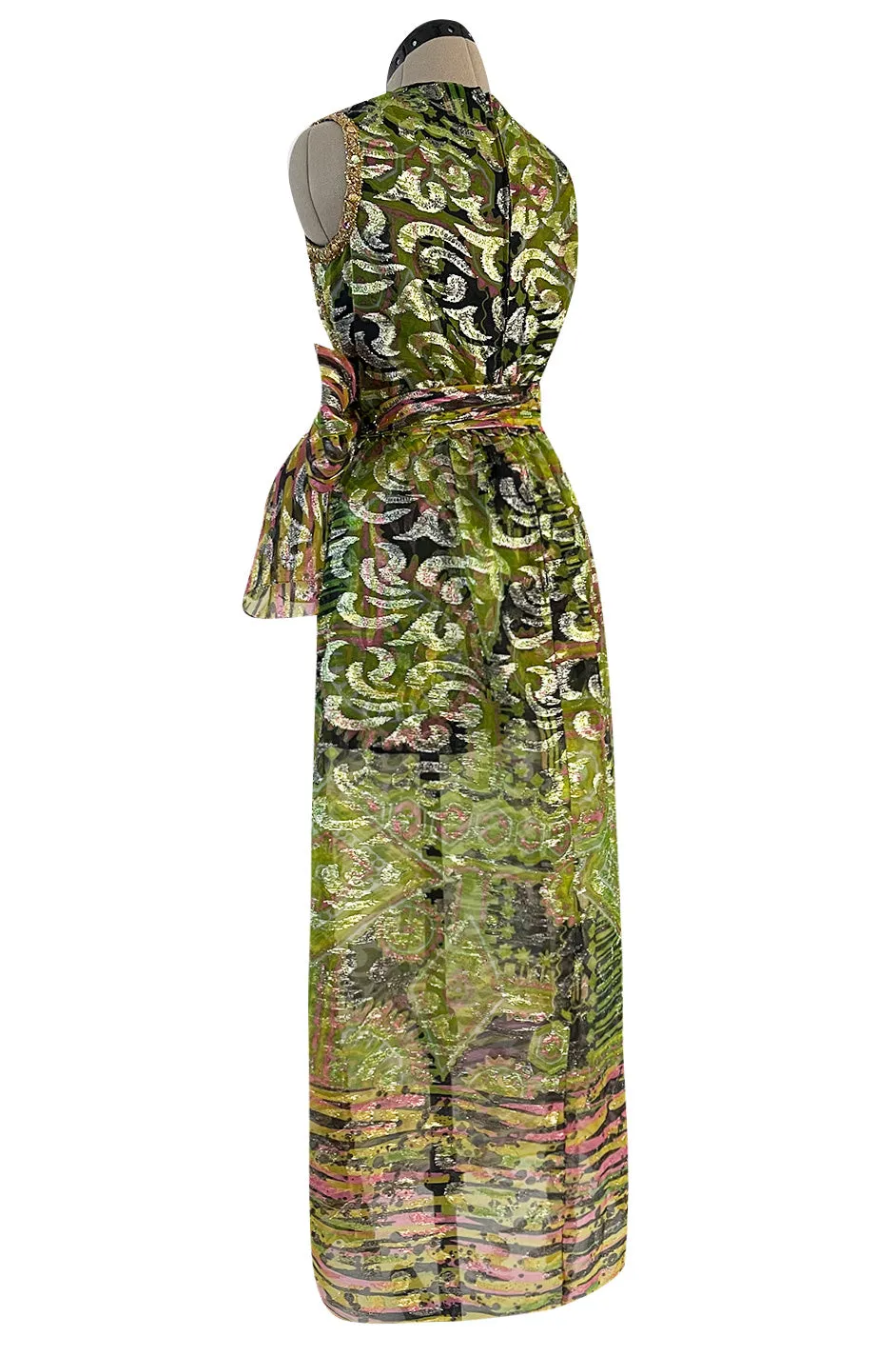Fabulous 1960s Unlabeled Metallic Green Organza Dress Set w Matching  Hot Pants & Gold Trim
