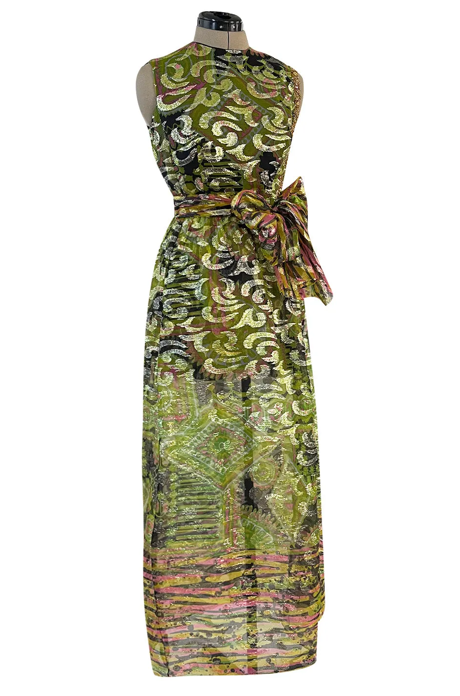 Fabulous 1960s Unlabeled Metallic Green Organza Dress Set w Matching  Hot Pants & Gold Trim