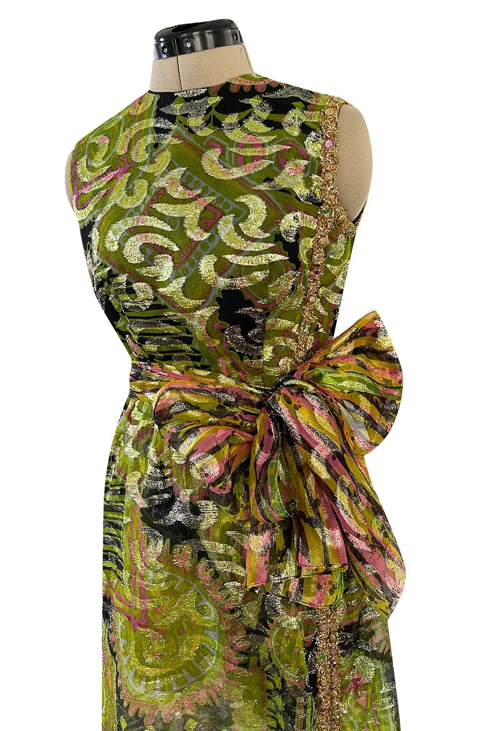 Fabulous 1960s Unlabeled Metallic Green Organza Dress Set w Matching  Hot Pants & Gold Trim