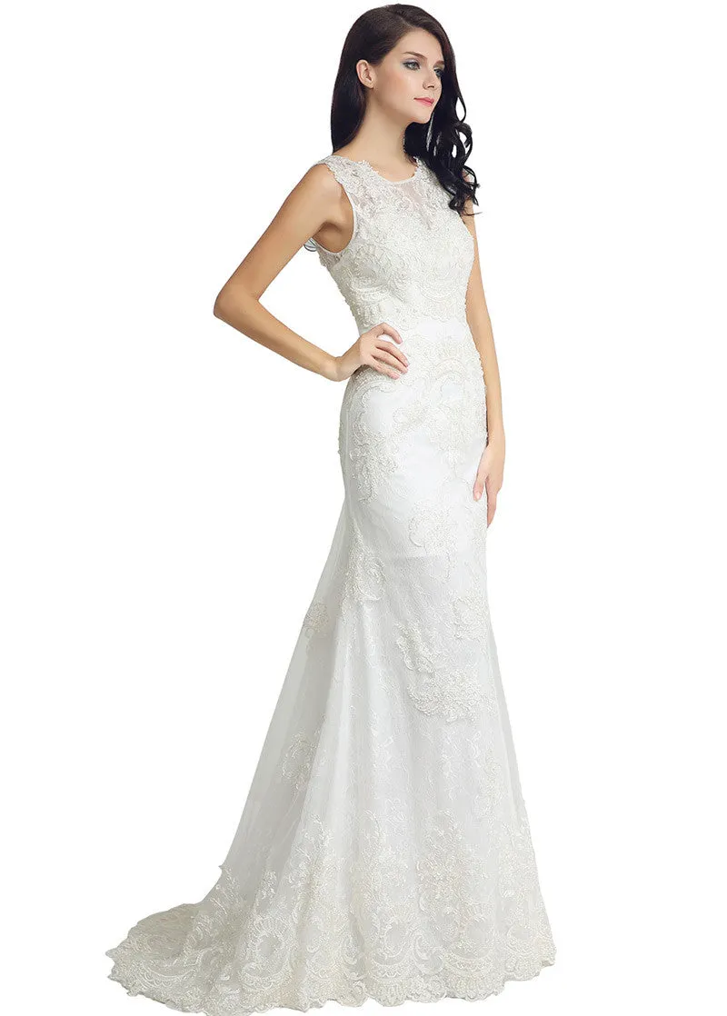 Fantastic Lace & Tulle Jewel Neckline Sheath Wedding Dresses With Lace Appliques