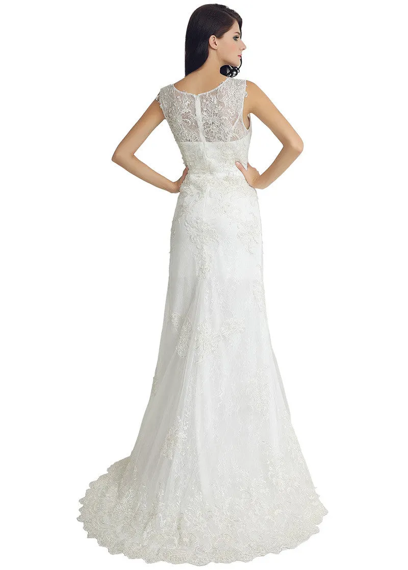 Fantastic Lace & Tulle Jewel Neckline Sheath Wedding Dresses With Lace Appliques