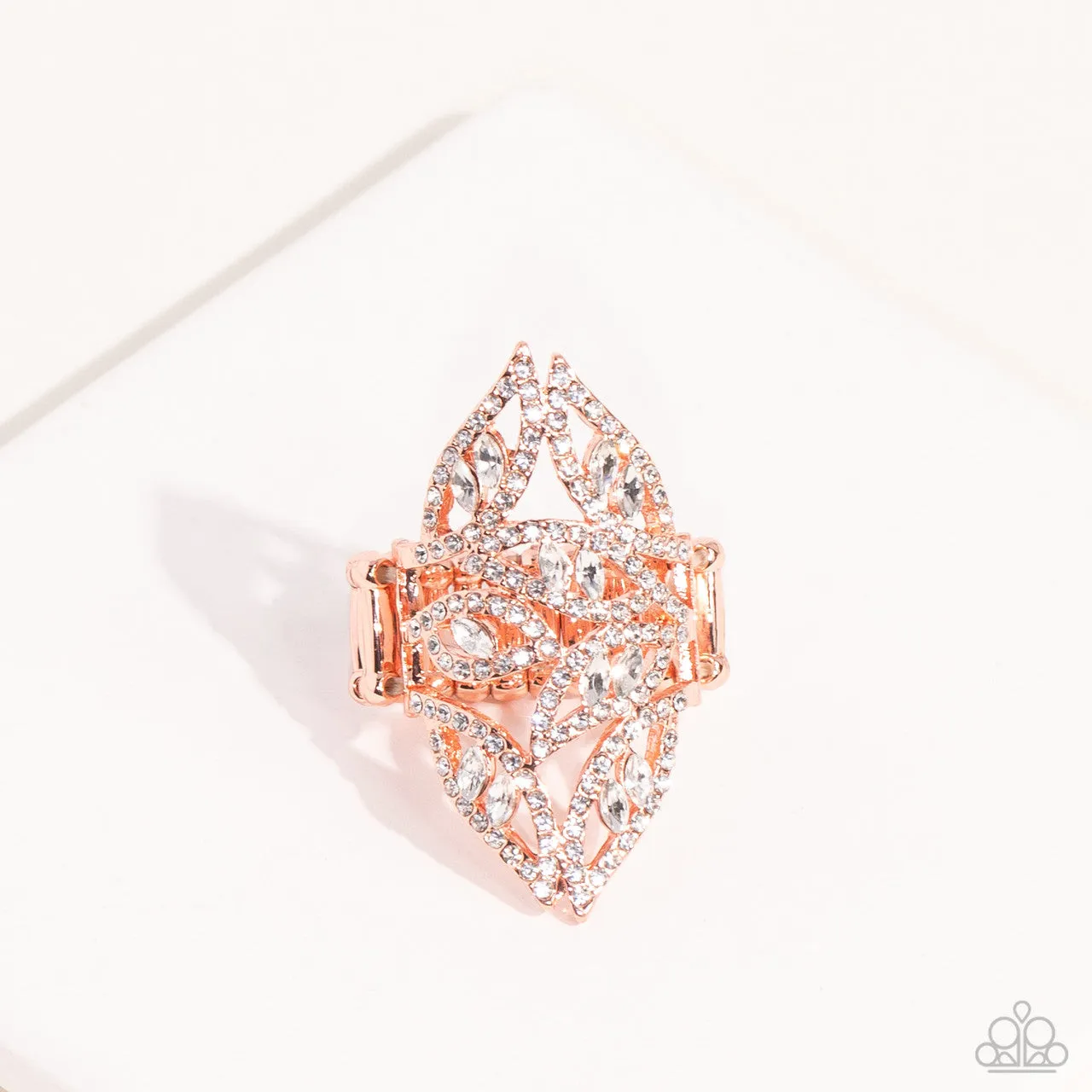Fiery Foliage - Copper - White Rhinestone Leafy Frame Paparazzi Ring