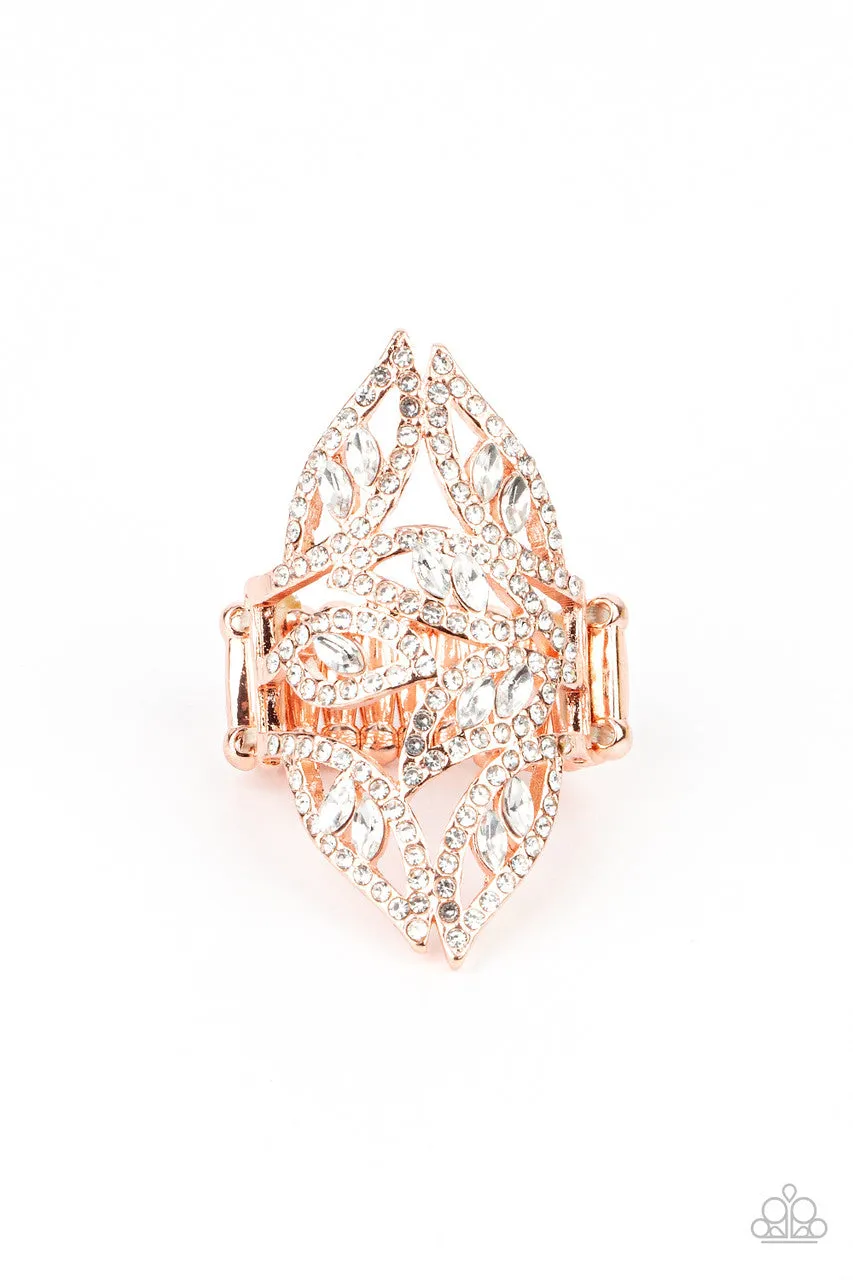 Fiery Foliage - Copper - White Rhinestone Leafy Frame Paparazzi Ring