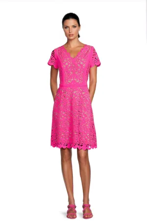 FOCUS by Shani — V-Neck Laser Cut Fit & Flare Dress in Hot Pink