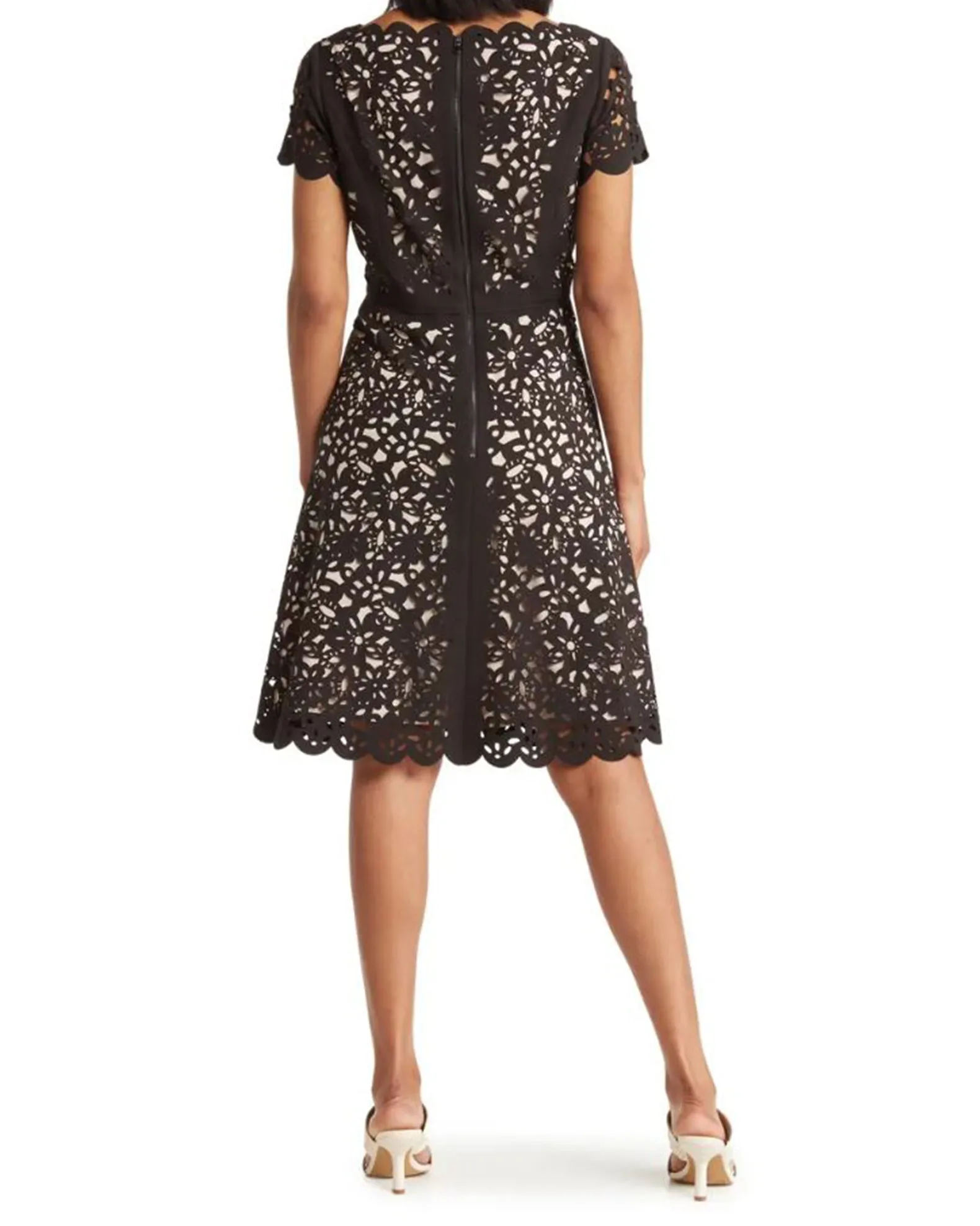 FOCUS by Shani — V-Neck Laser Cut Fit & Flare Dress in Hot Pink