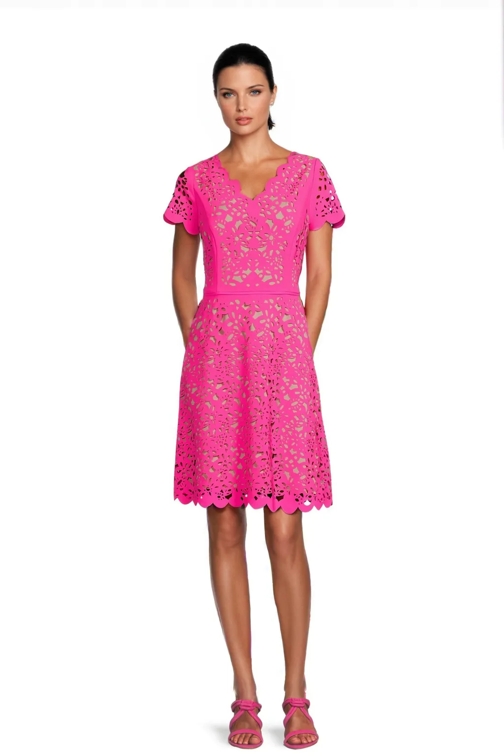 FOCUS by Shani — V-Neck Laser Cut Fit & Flare Dress in Hot Pink