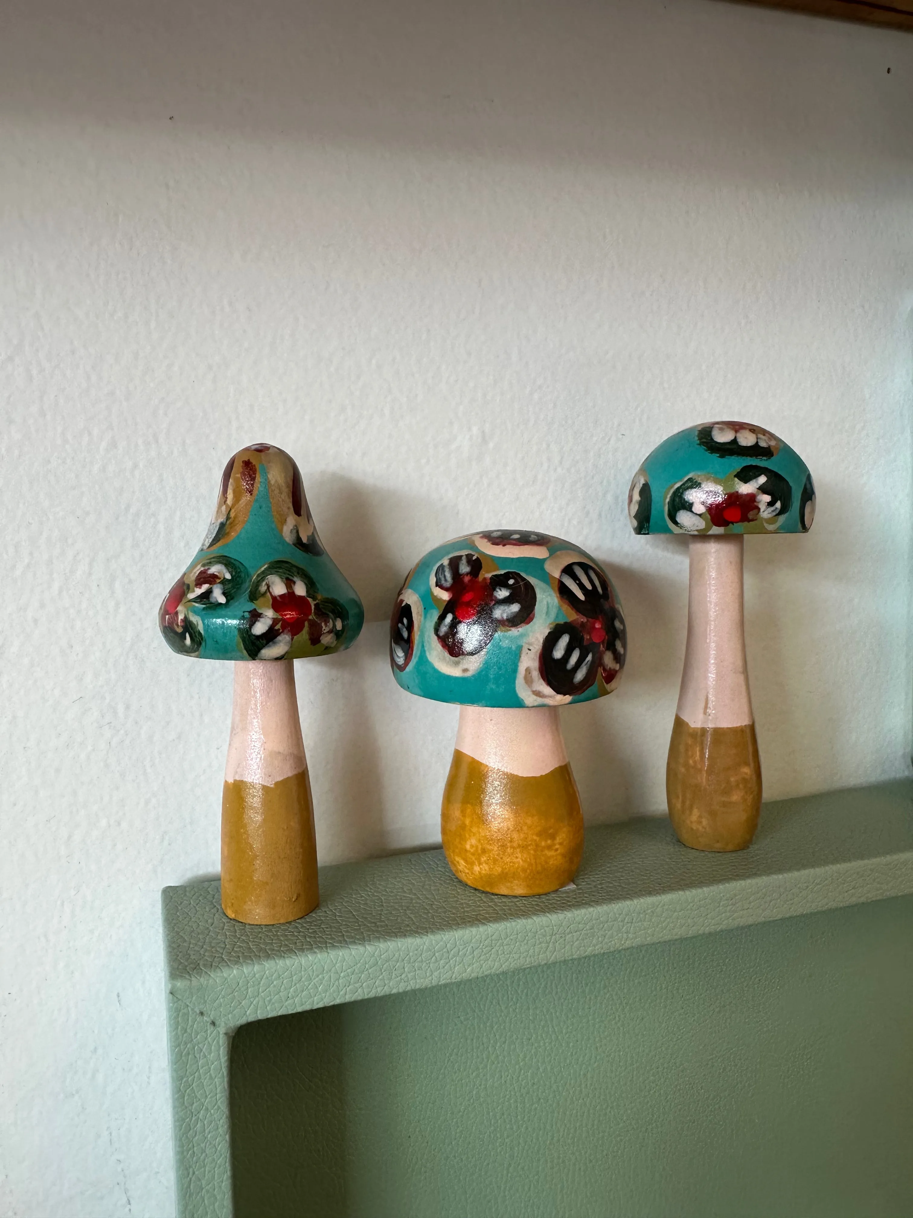 Folk Art Wooden Hand Painted Mushrooms Set of 3 (Teal)