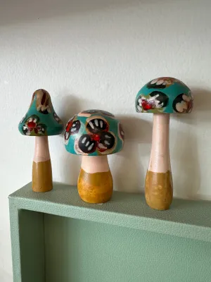 Folk Art Wooden Hand Painted Mushrooms Set of 3 (Teal)