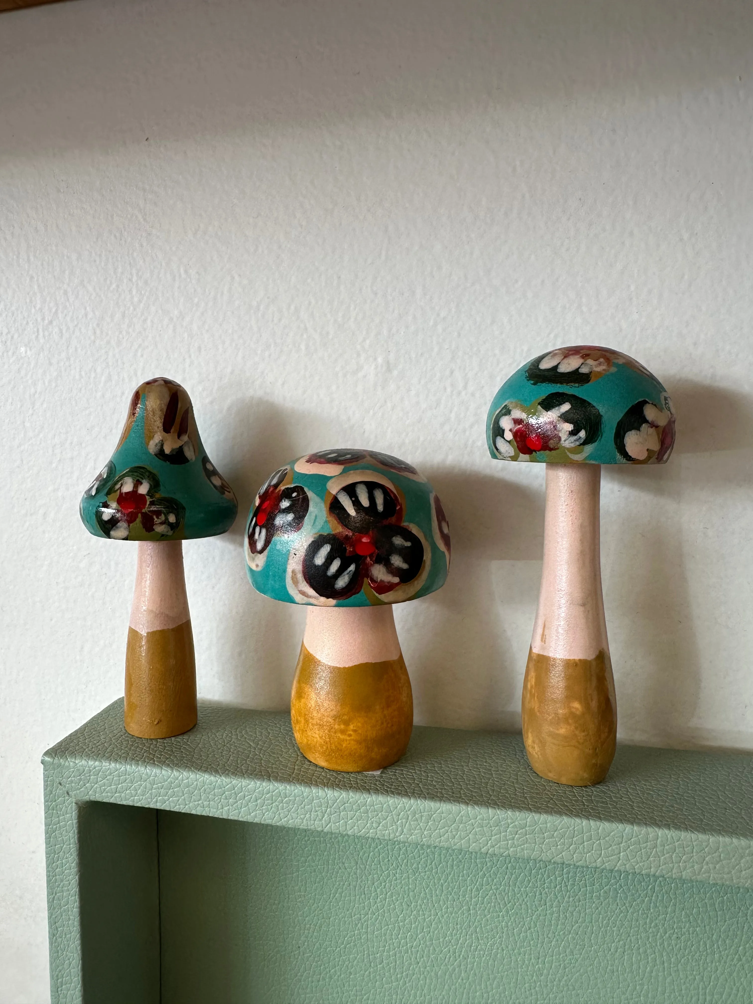 Folk Art Wooden Hand Painted Mushrooms Set of 3 (Teal)