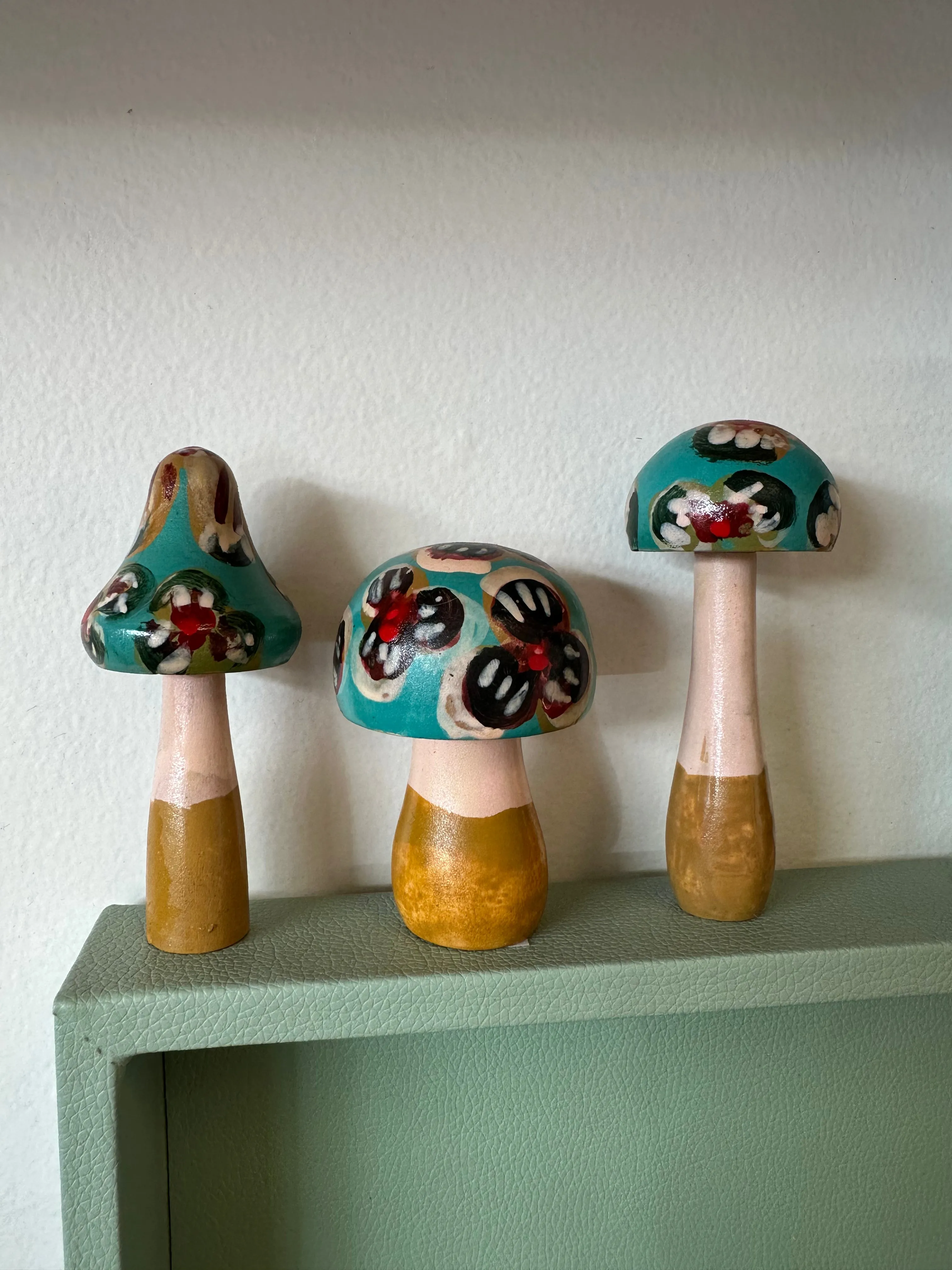 Folk Art Wooden Hand Painted Mushrooms Set of 3 (Teal)
