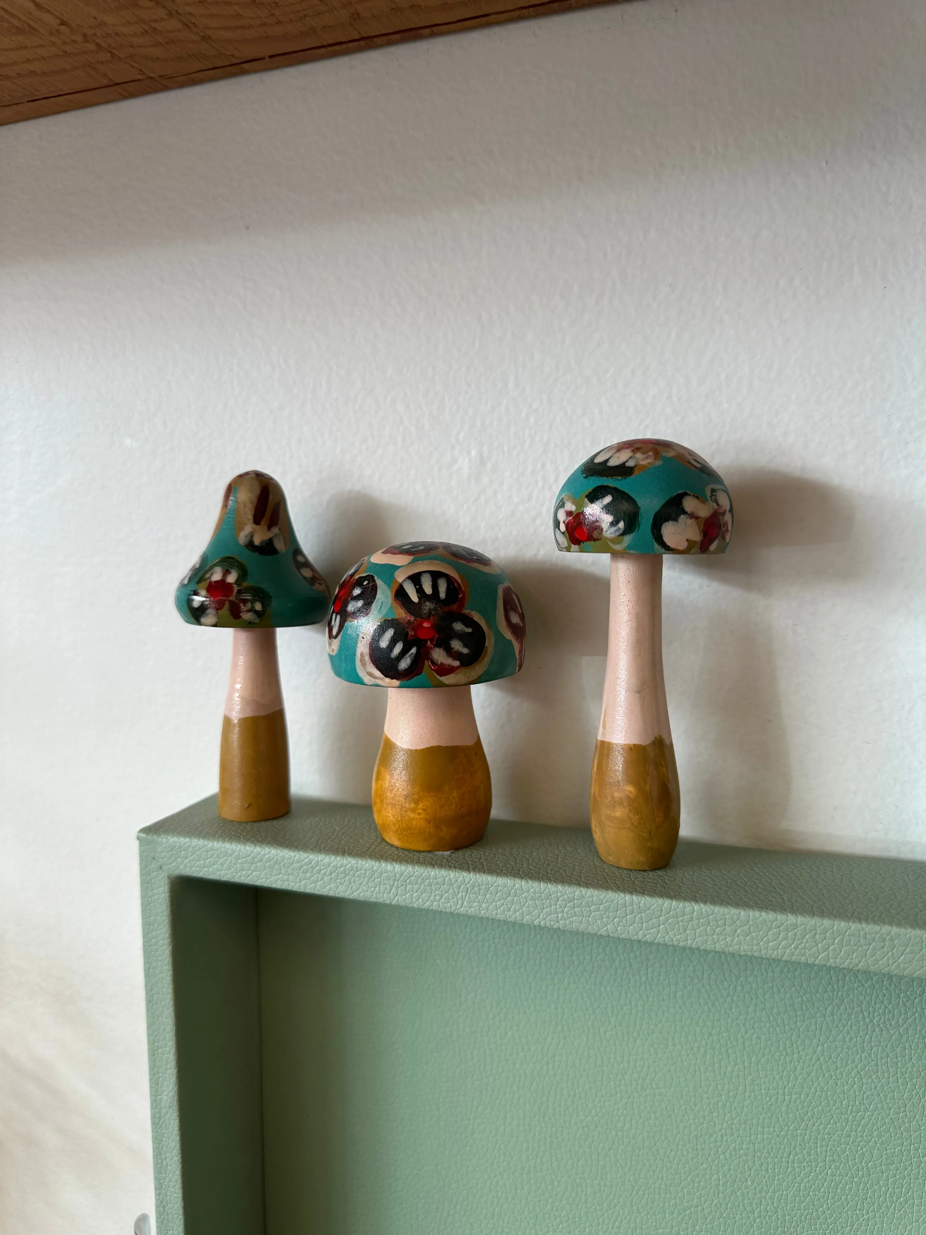 Folk Art Wooden Hand Painted Mushrooms Set of 3 (Teal)