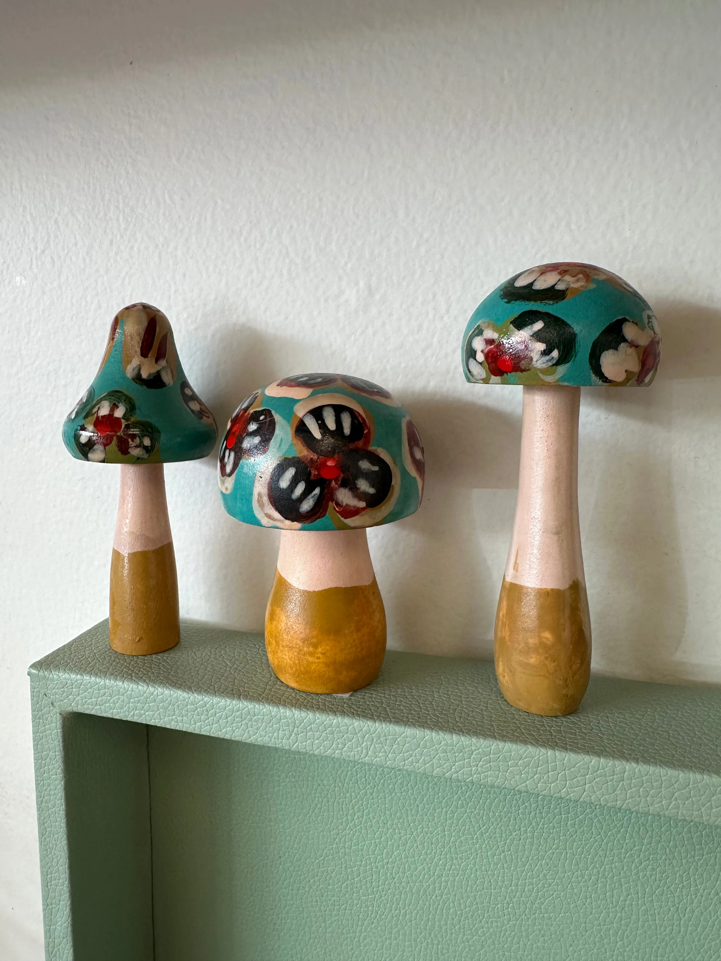 Folk Art Wooden Hand Painted Mushrooms Set of 3 (Teal)