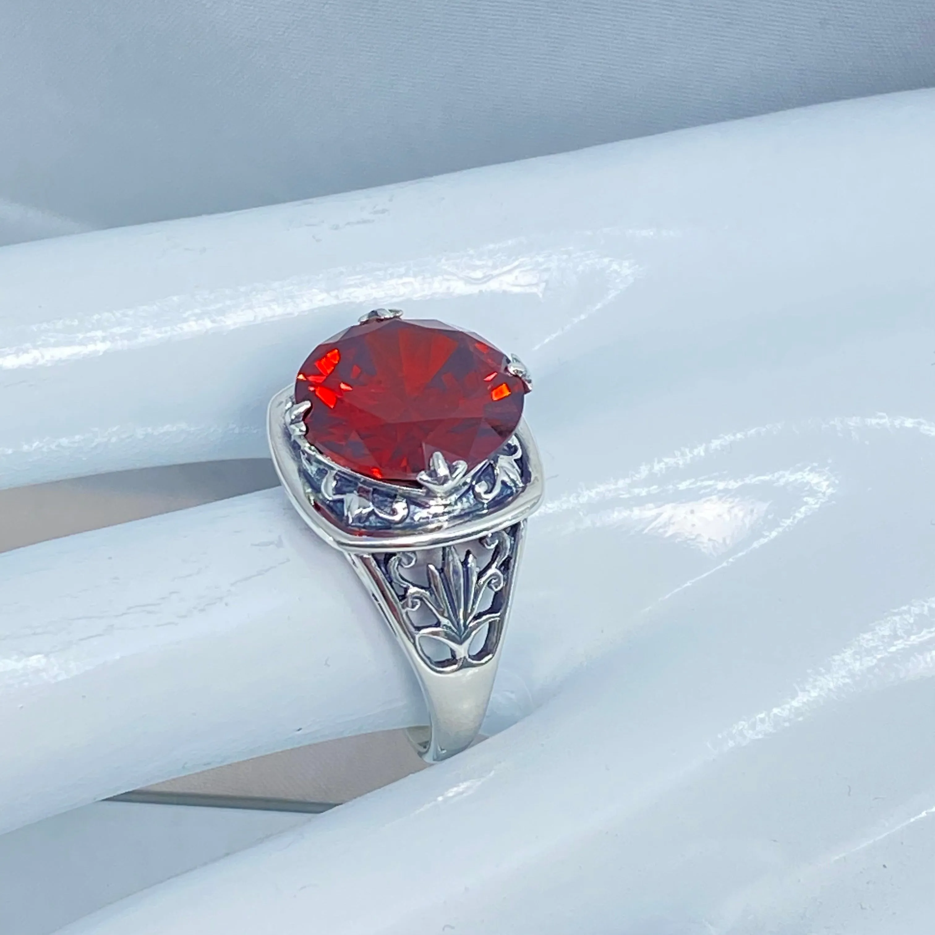 Garnet CZ Ring, Size 8, Round Cut, Lotus Art Deco Filigree, D130 - Ready to Ship