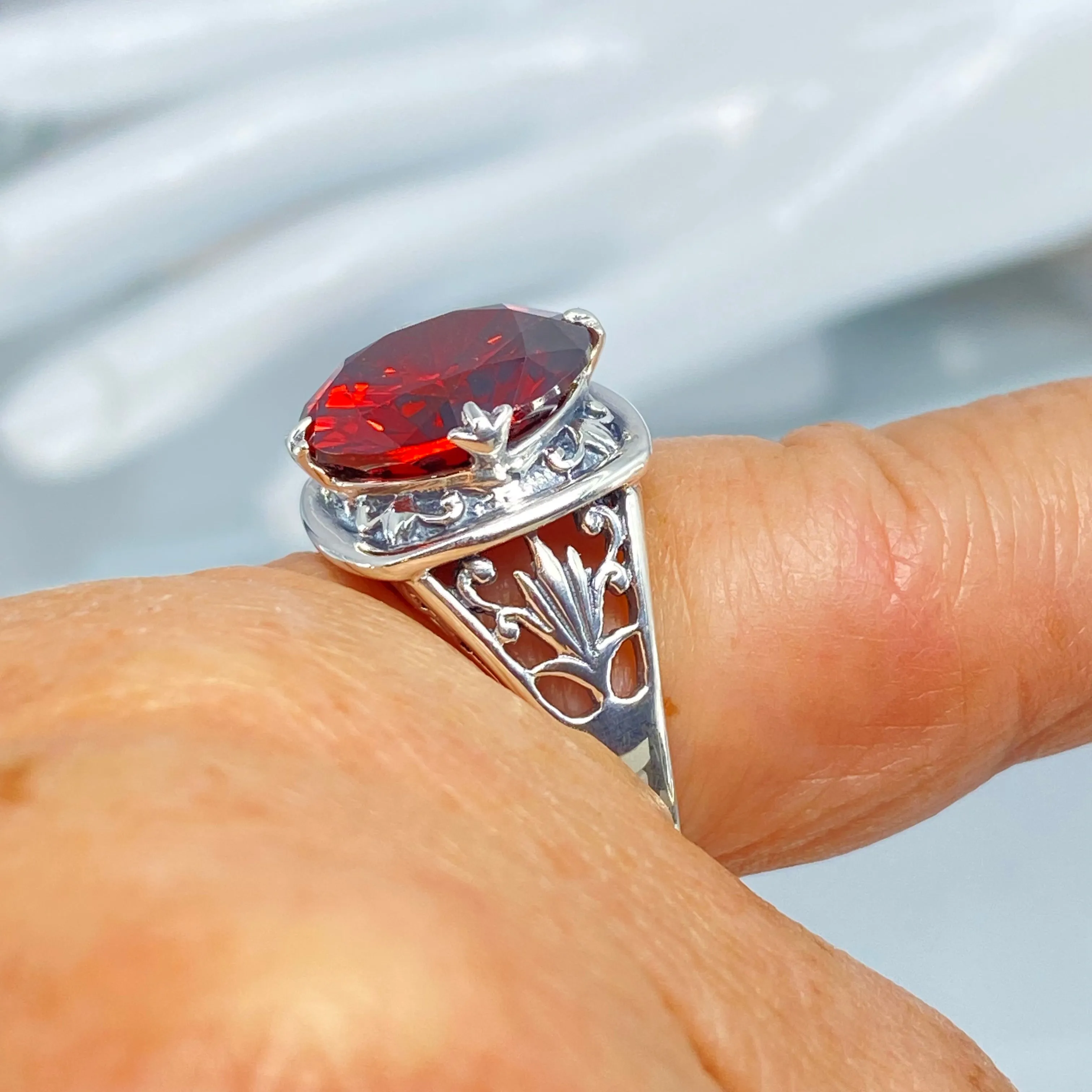 Garnet CZ Ring, Size 8, Round Cut, Lotus Art Deco Filigree, D130 - Ready to Ship