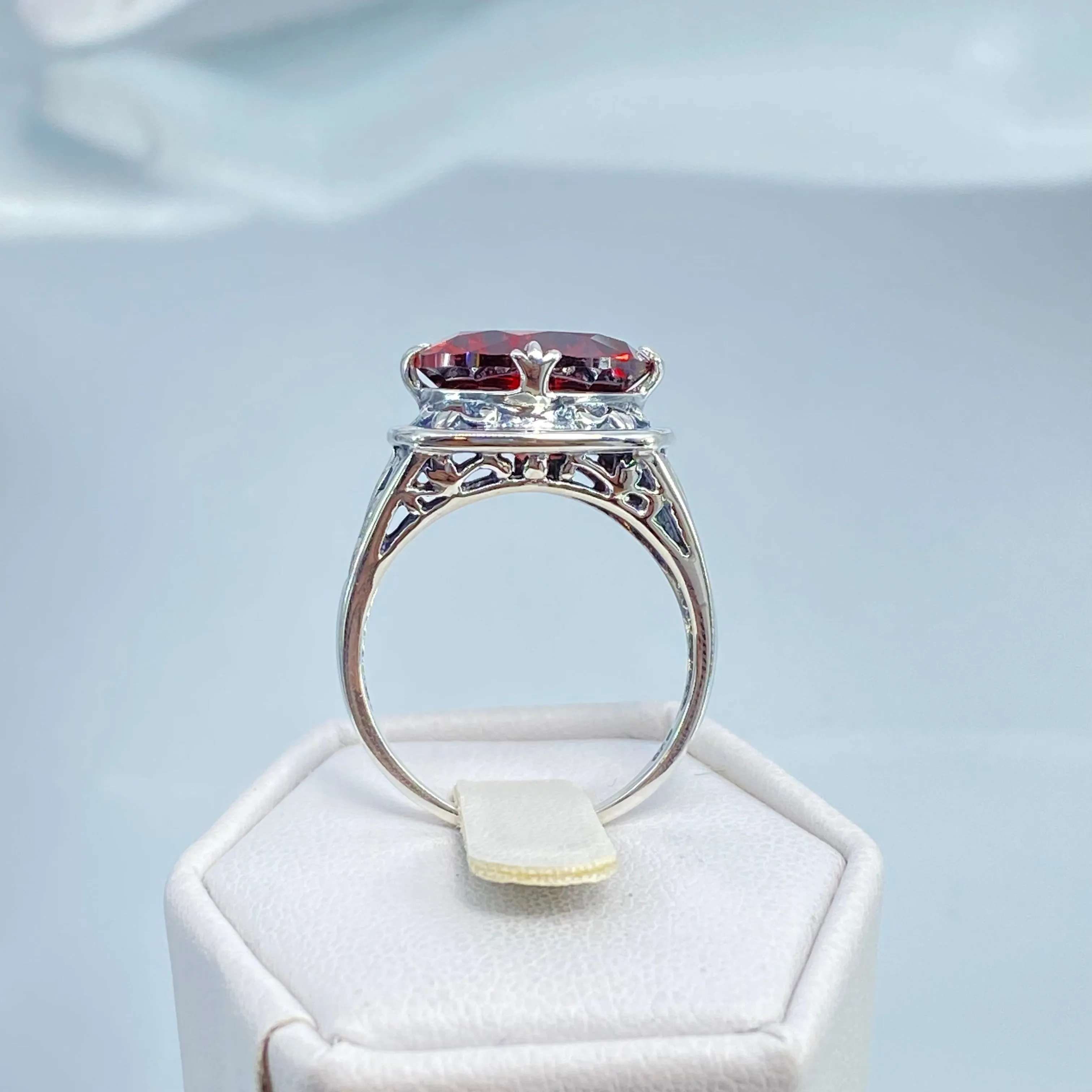 Garnet CZ Ring, Size 8, Round Cut, Lotus Art Deco Filigree, D130 - Ready to Ship