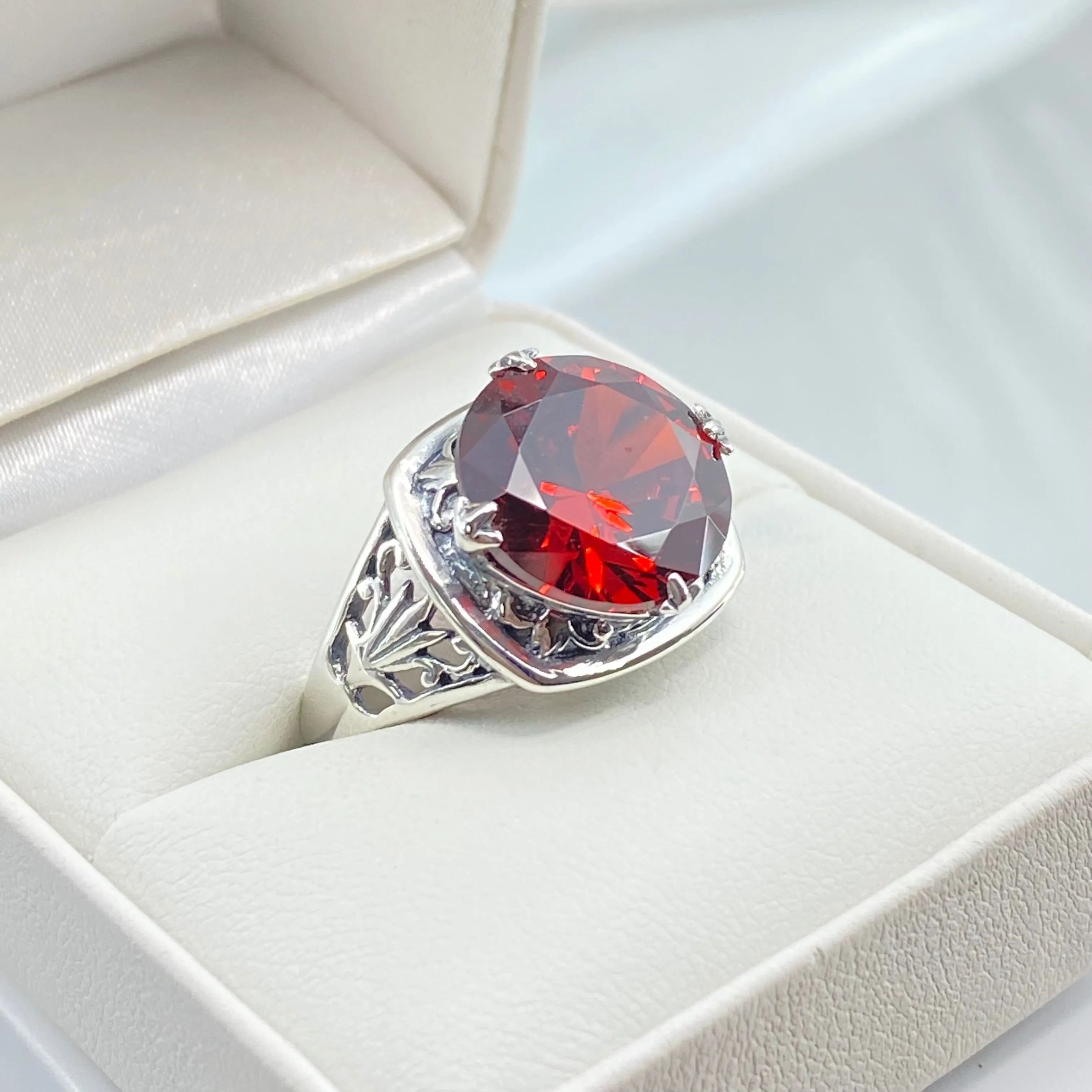 Garnet CZ Ring, Size 8, Round Cut, Lotus Art Deco Filigree, D130 - Ready to Ship