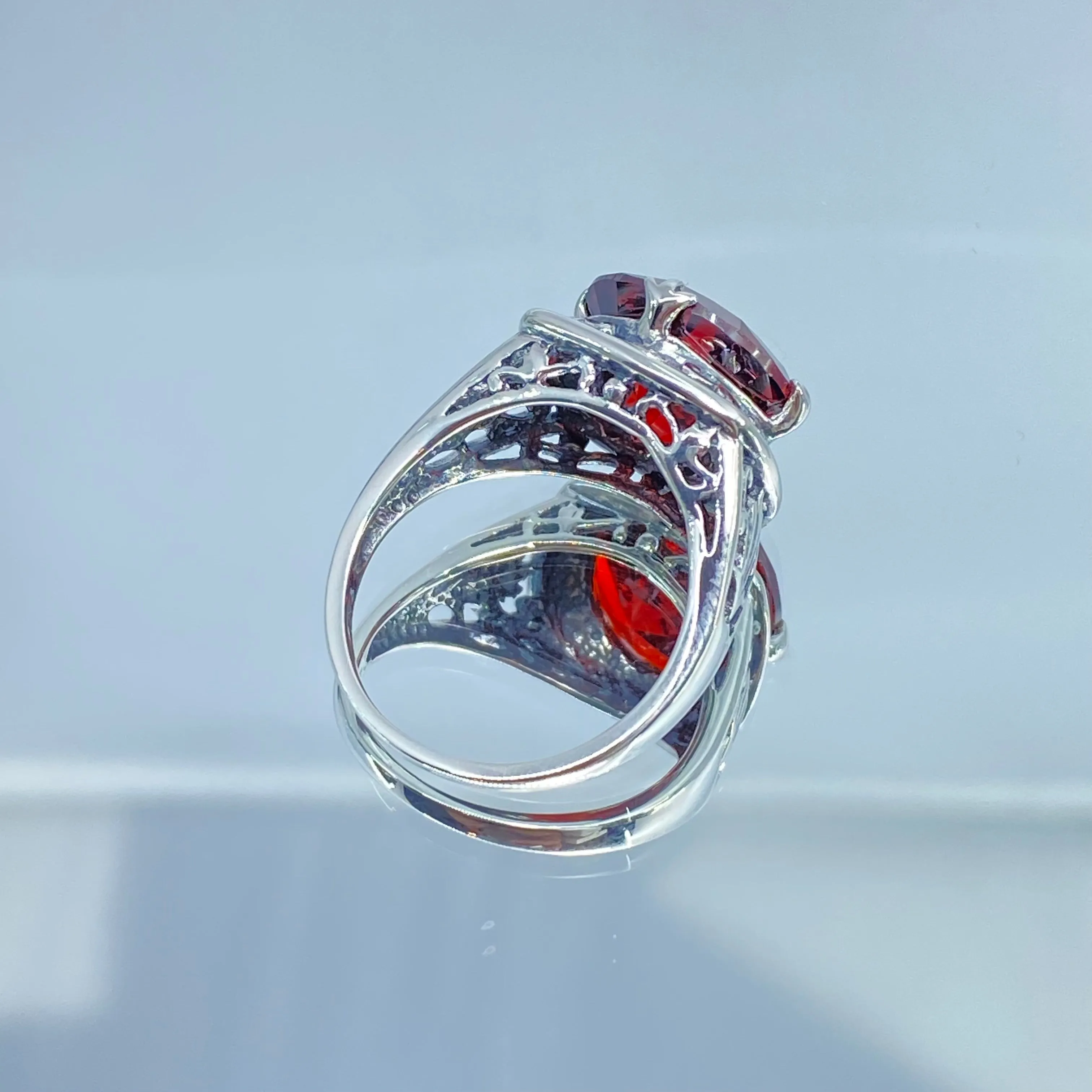 Garnet CZ Ring, Size 8, Round Cut, Lotus Art Deco Filigree, D130 - Ready to Ship