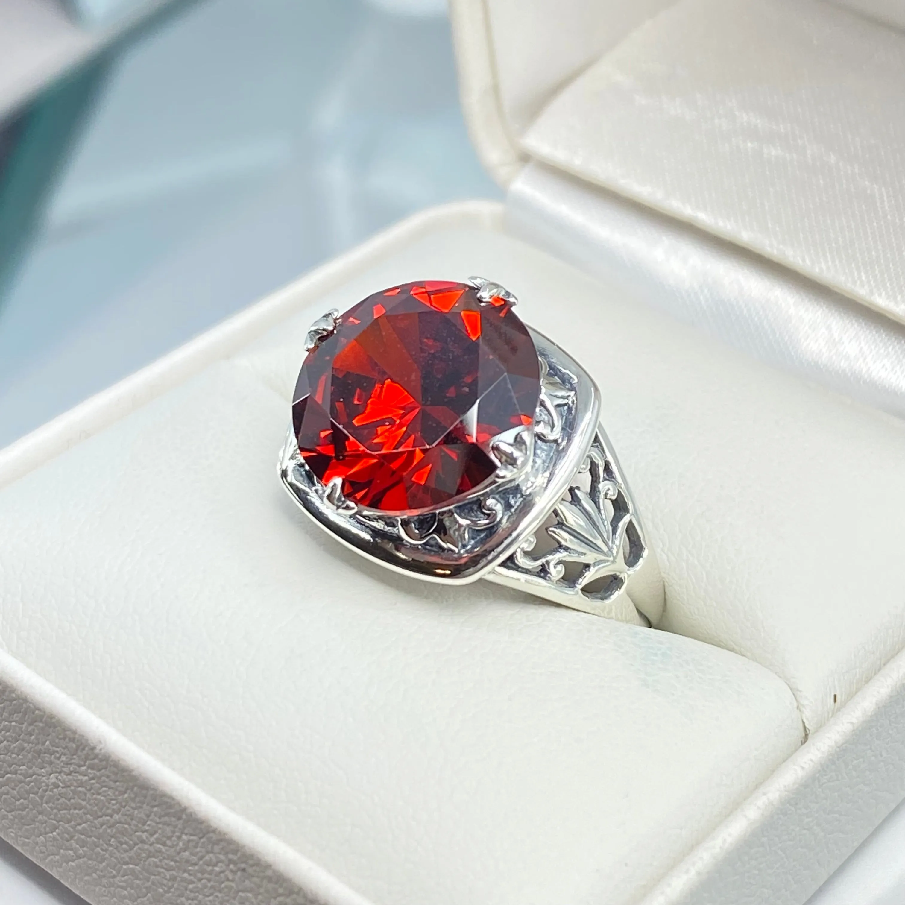 Garnet CZ Ring, Size 8, Round Cut, Lotus Art Deco Filigree, D130 - Ready to Ship