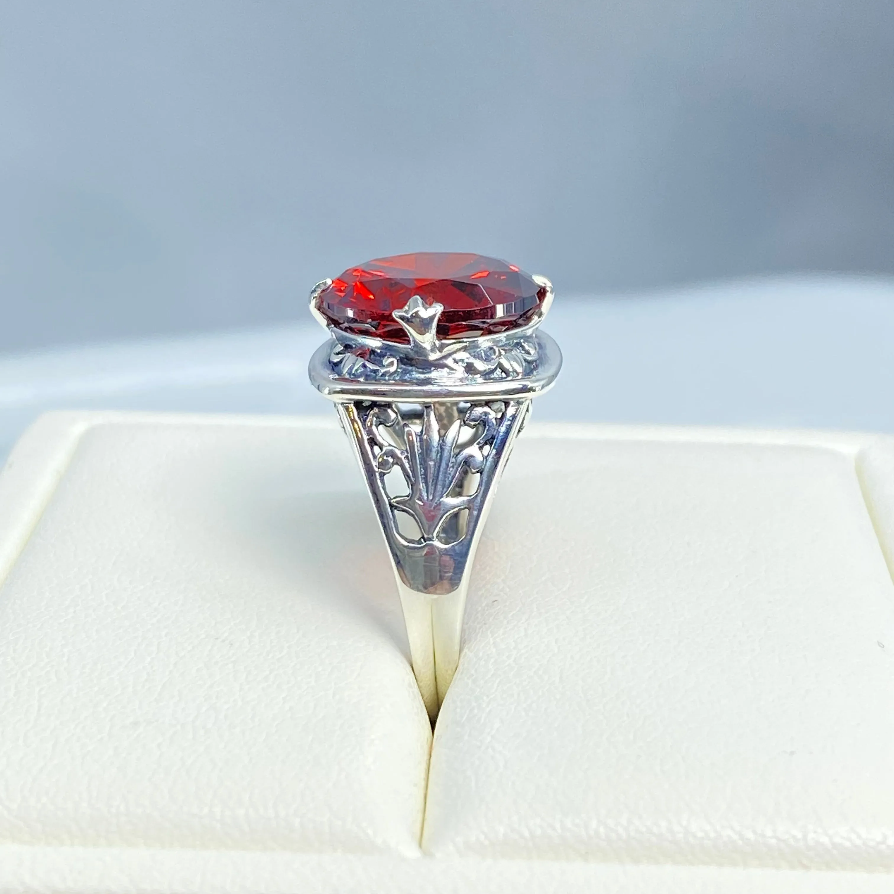 Garnet CZ Ring, Size 8, Round Cut, Lotus Art Deco Filigree, D130 - Ready to Ship