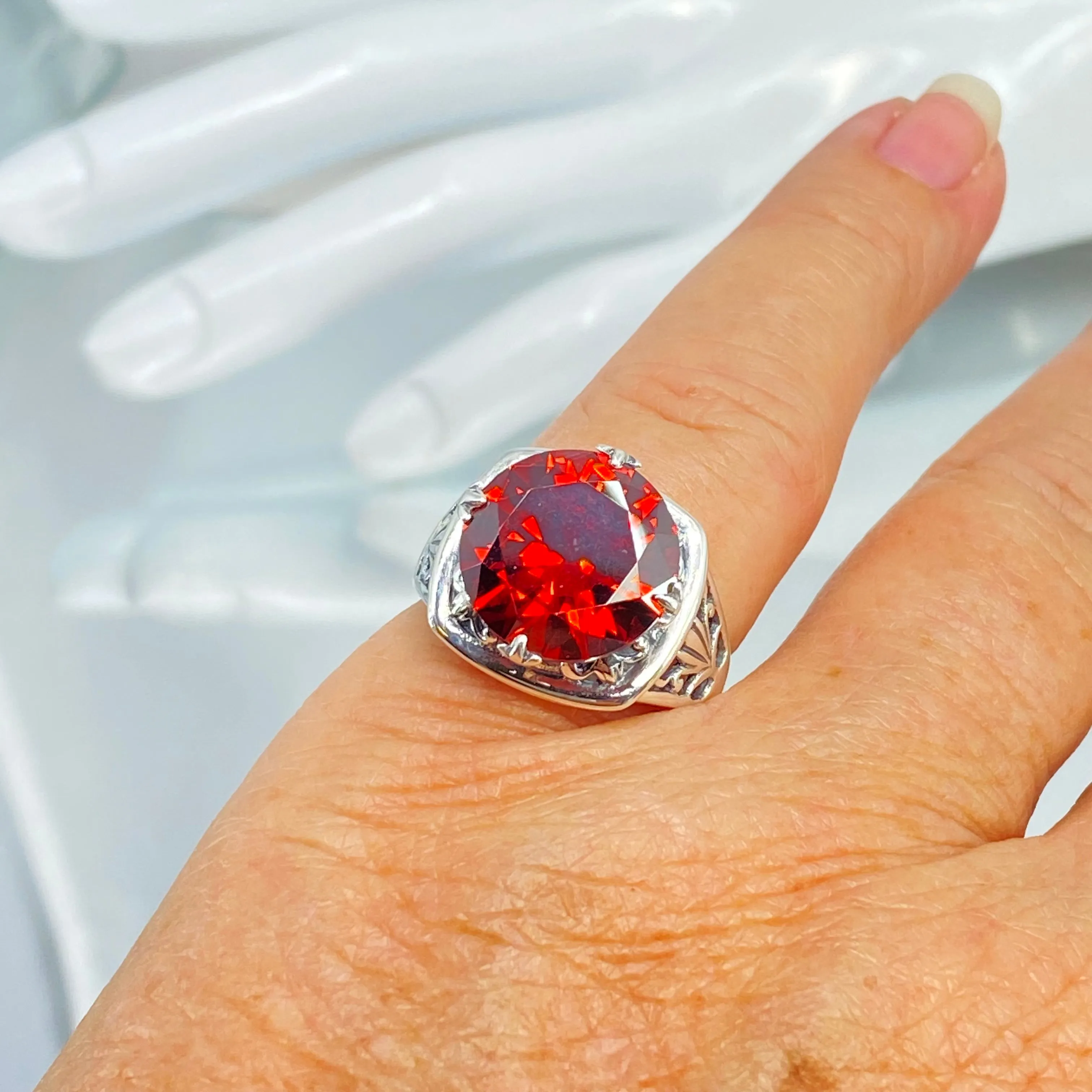 Garnet CZ Ring, Size 8, Round Cut, Lotus Art Deco Filigree, D130 - Ready to Ship
