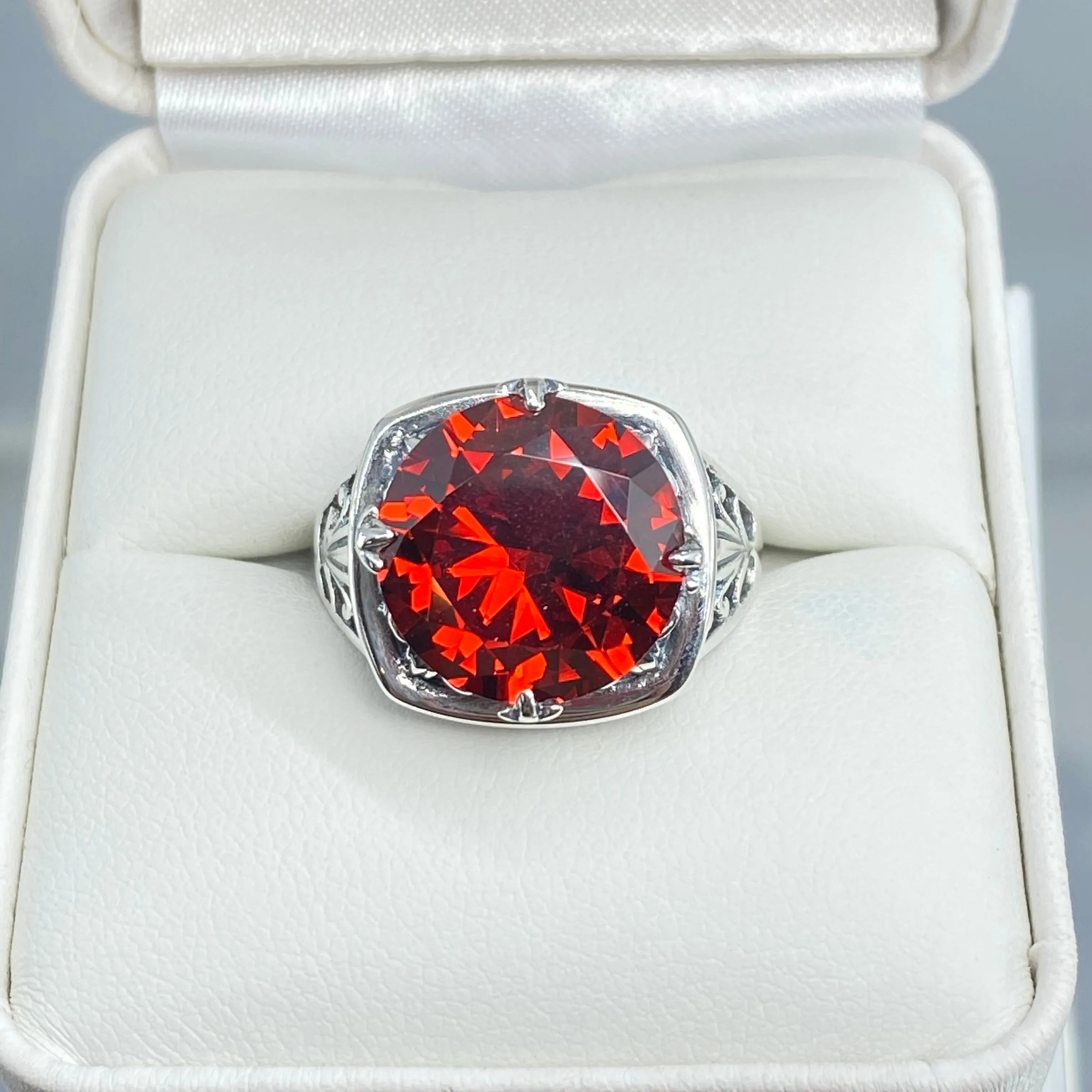 Garnet CZ Ring, Size 8, Round Cut, Lotus Art Deco Filigree, D130 - Ready to Ship