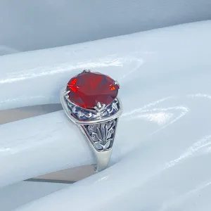 Garnet CZ Ring, Size 8, Round Cut, Lotus Art Deco Filigree, D130 - Ready to Ship