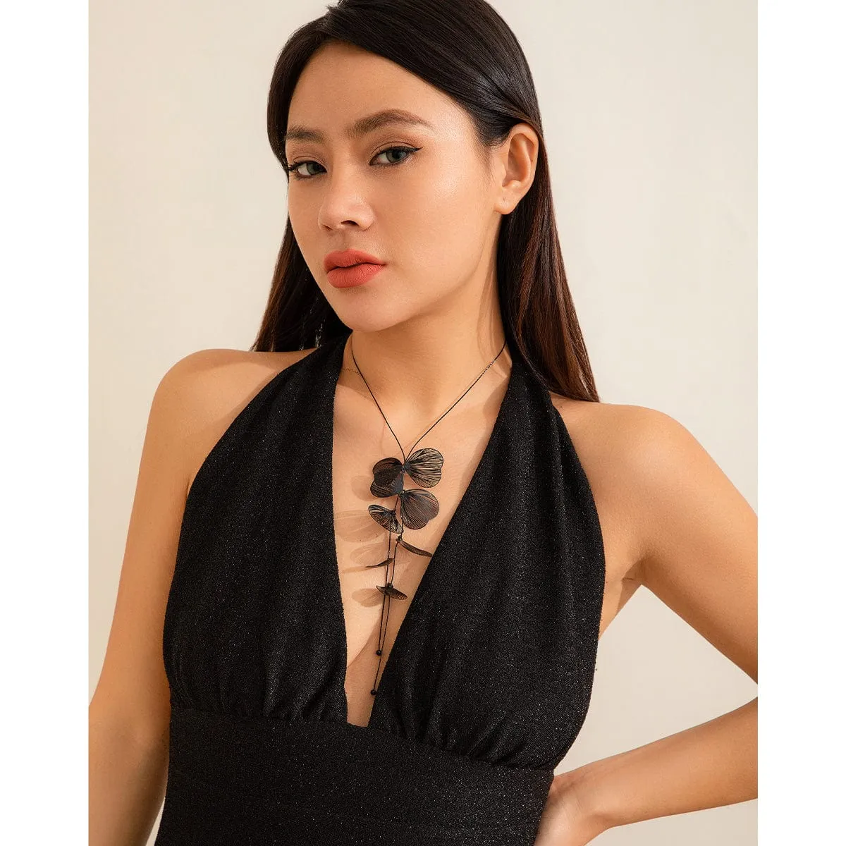 Geometric Abstract Black Leaf Pendant Y Necklace