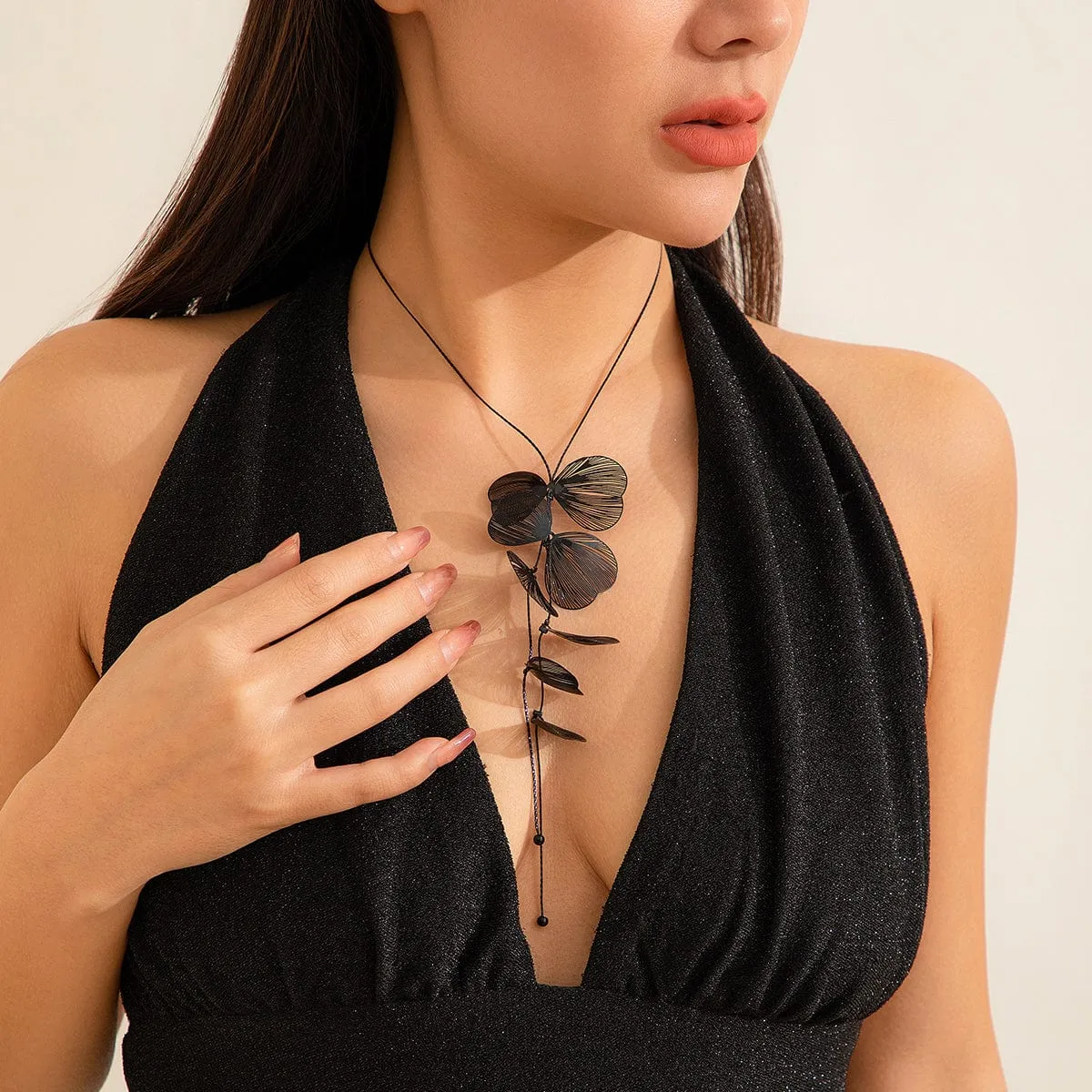 Geometric Abstract Black Leaf Pendant Y Necklace